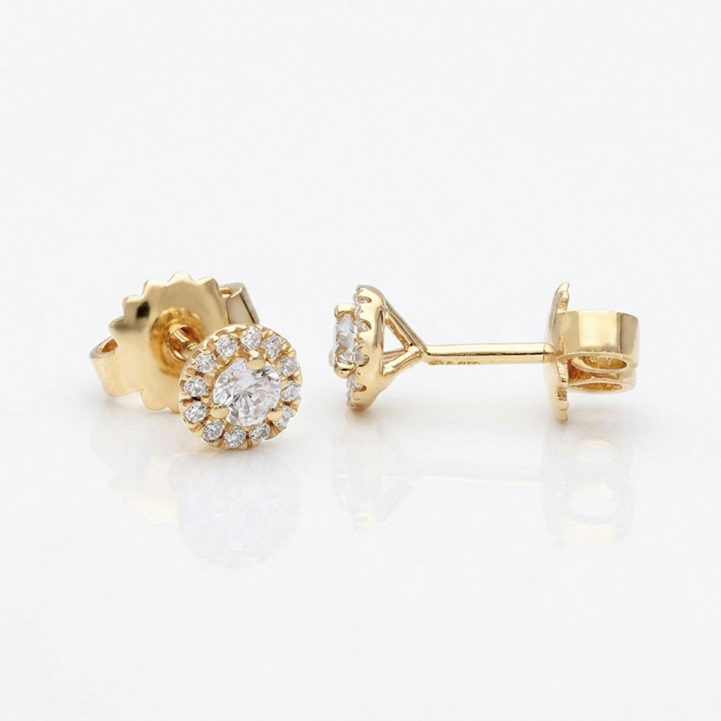 14K Solid Gold 0.50 CT Round Lab Grown Diamond Halo Stud Pushback Fine Earrings