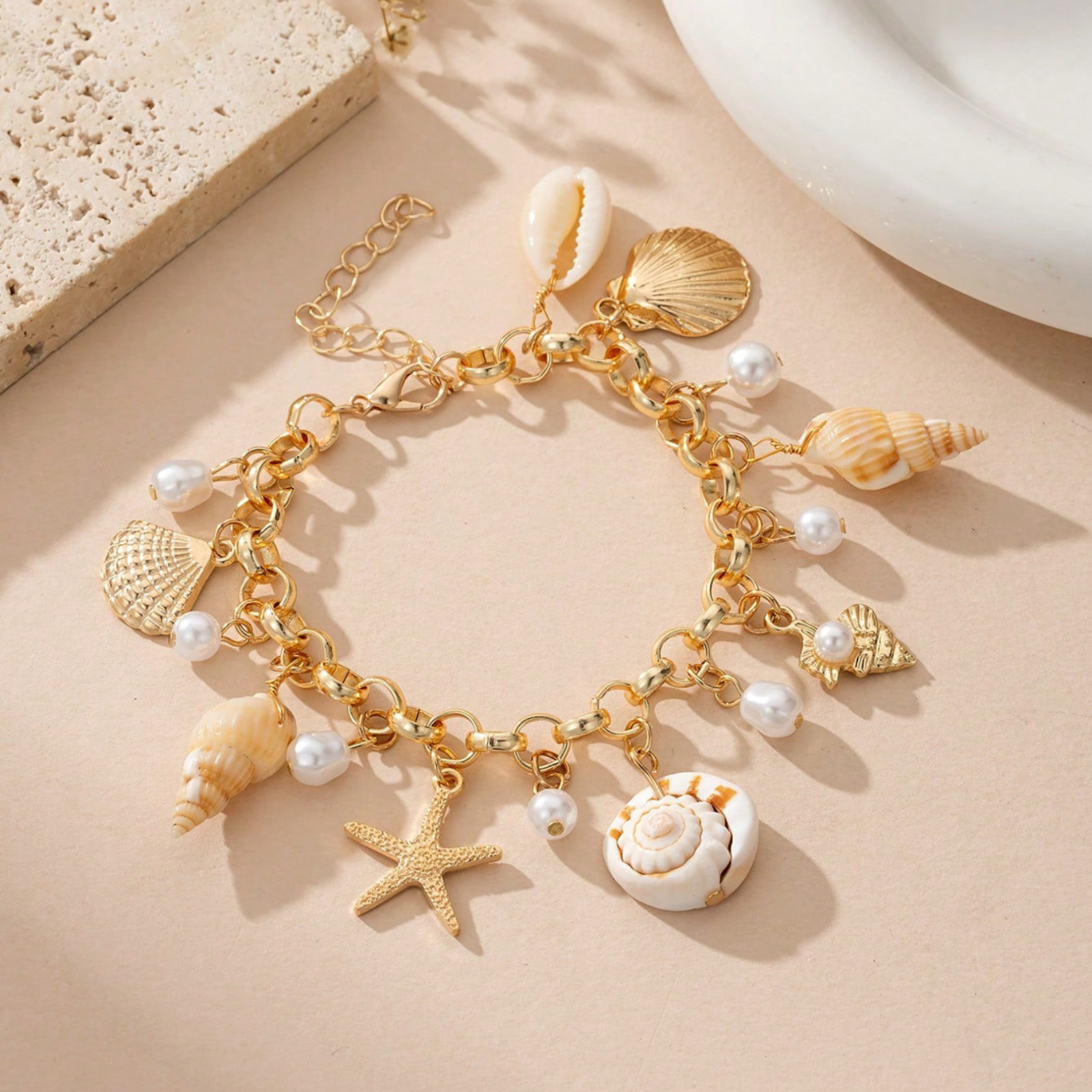 Starfish Seashell Pearls Bracelet Nautical Statement Jewelry Beach Charms Women