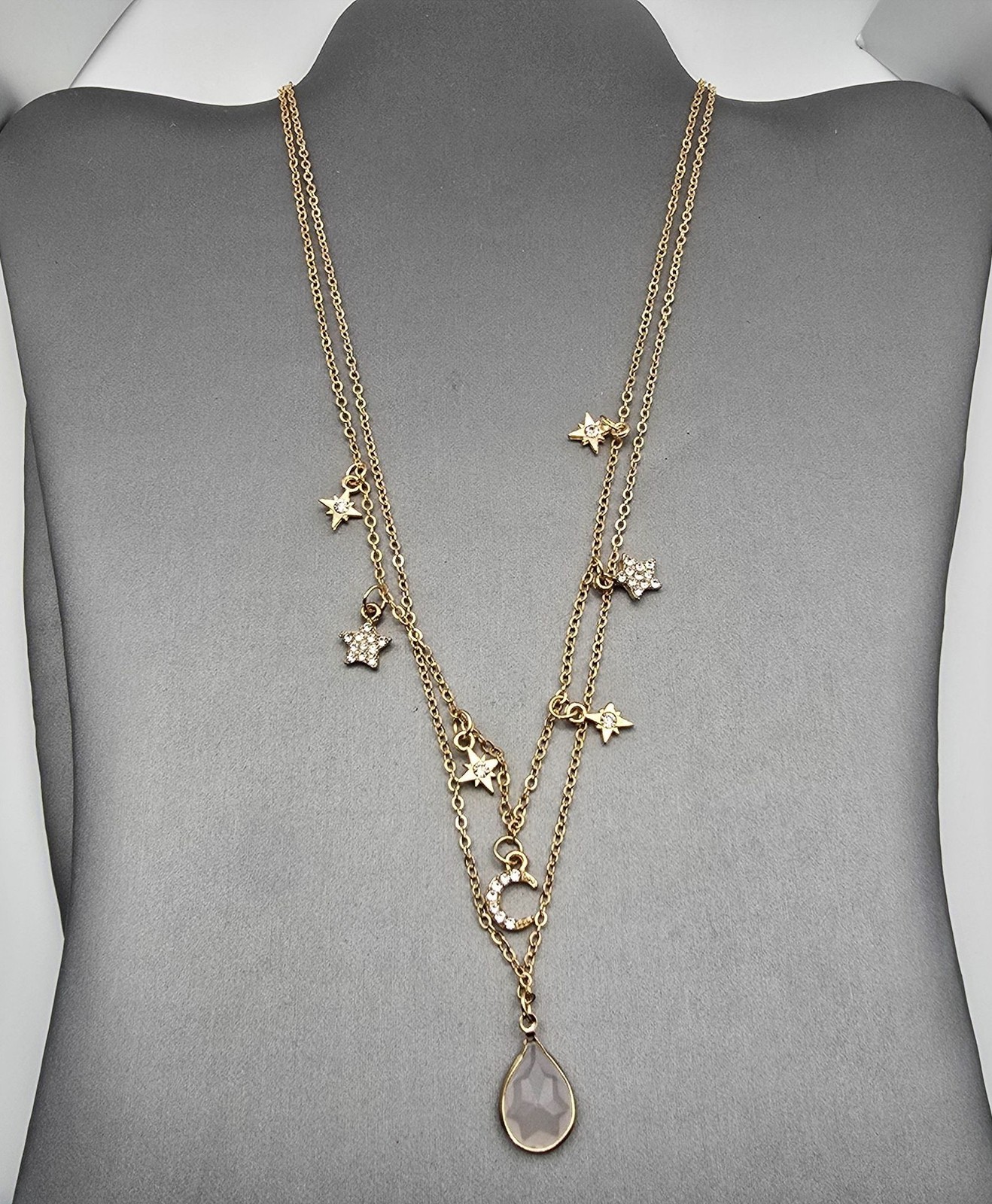 Celestial Star & Moon Teardrop Pendant Layered Necklace 16″ Gold-Tone Adjustable