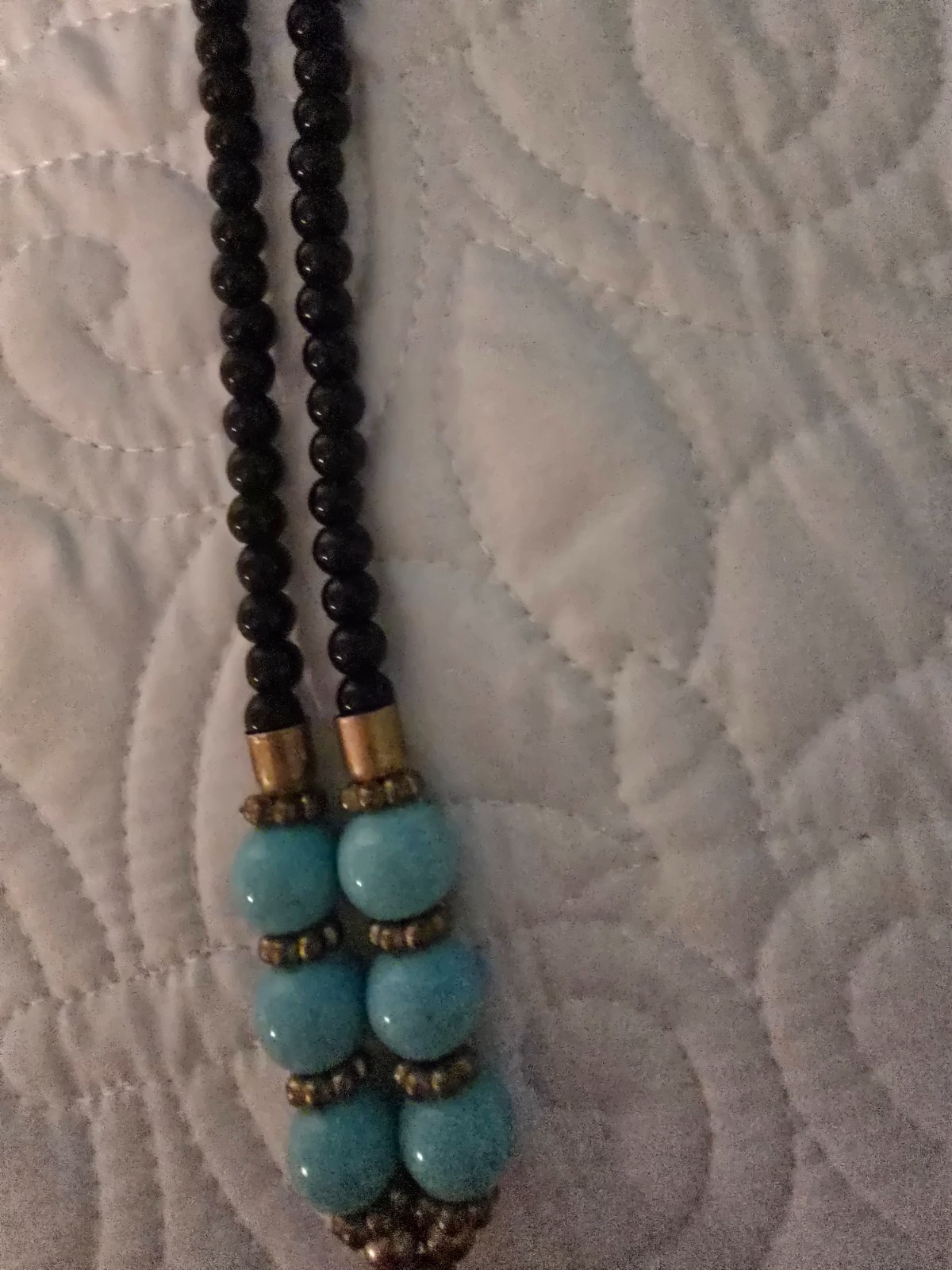 Black & Turquoise Blue Beaded Necklace Large Foil Glass Pendant NWOT