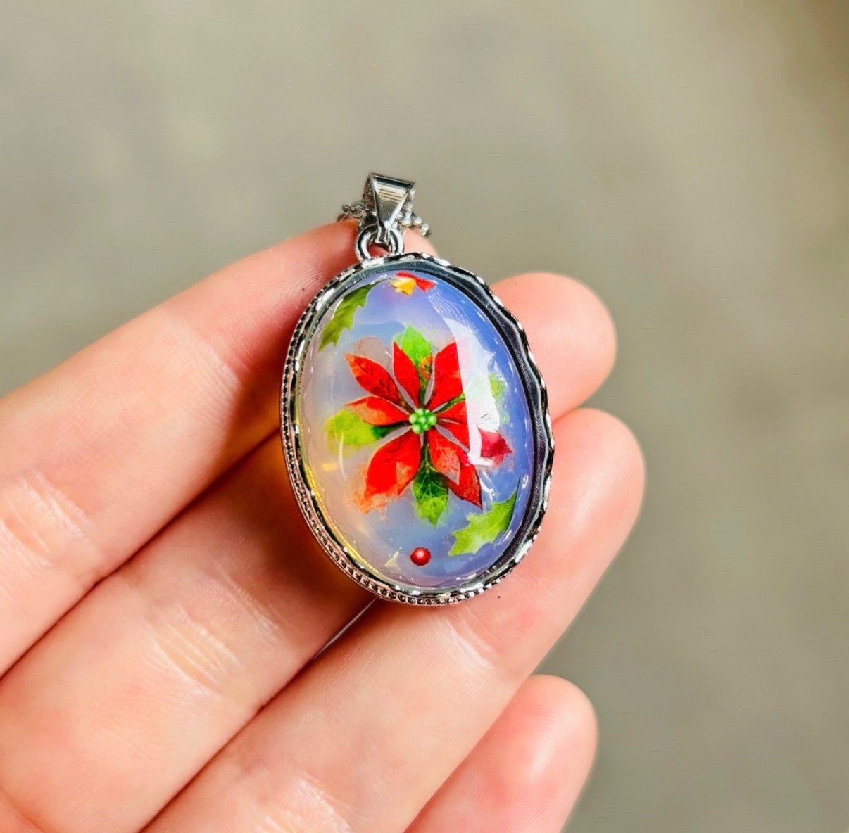 Opal Poinsettia Necklace | October Birthstone | Christmas Floral Pendant |