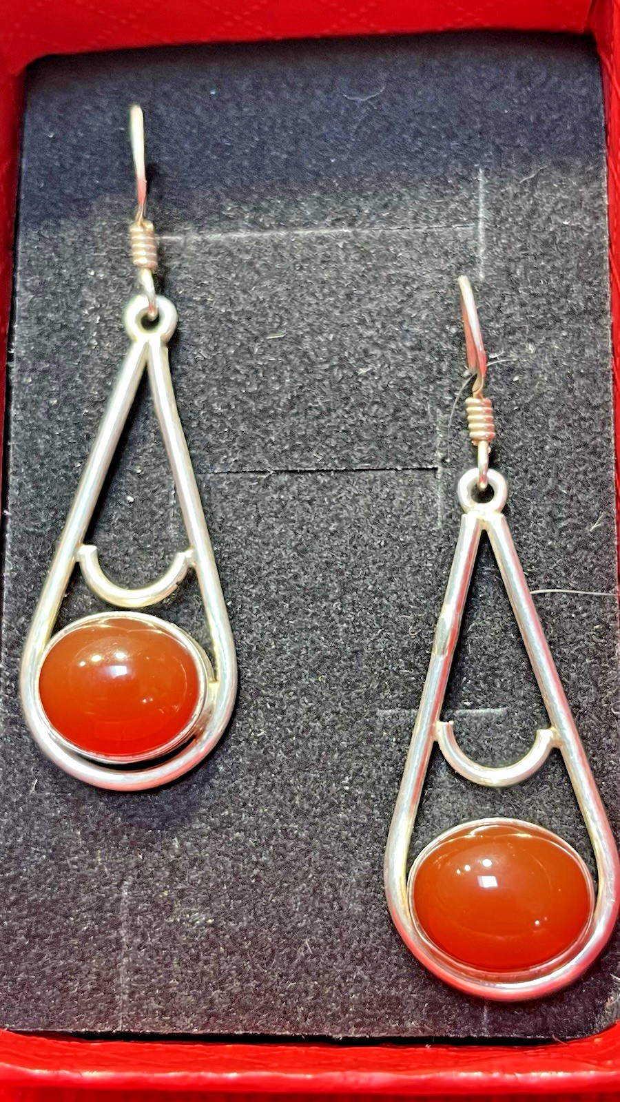 Vtg Sterling Silver 925 Teardrop Outline & Lge Cabochon Carnelian Stone Earrings