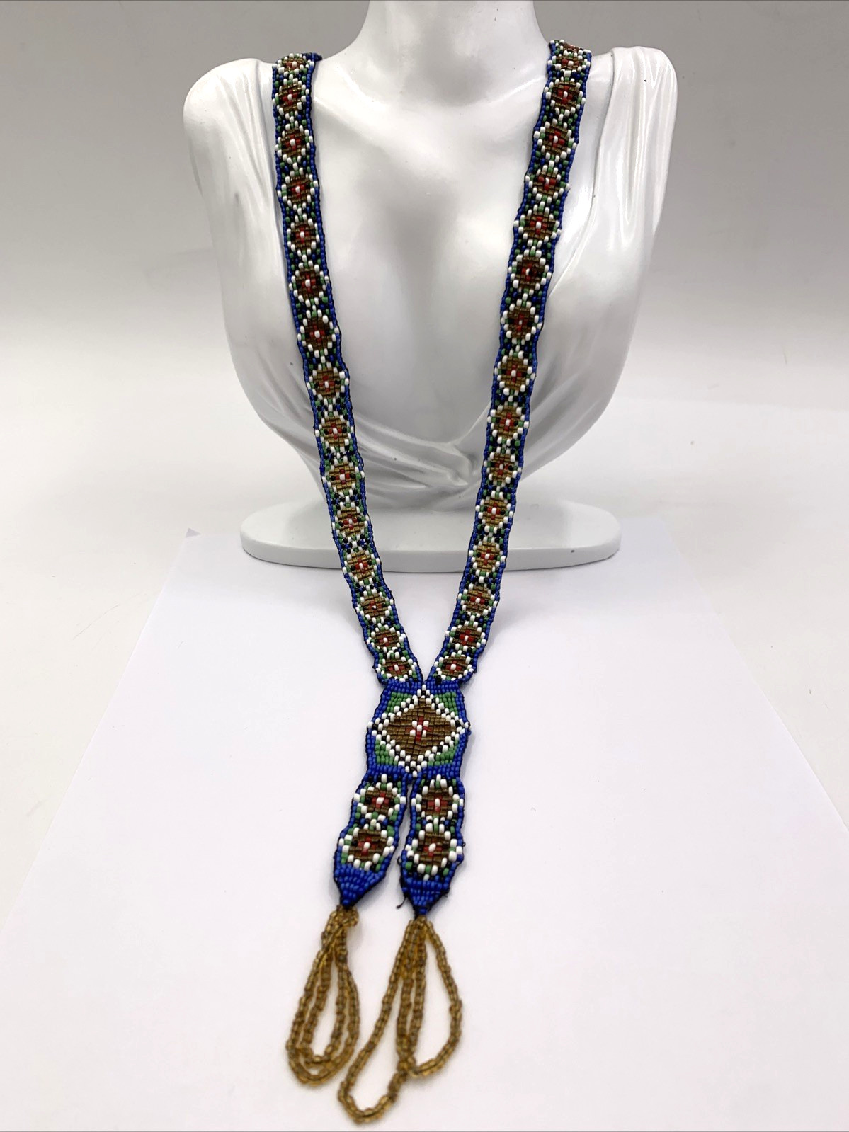 Colorful Beaded Tassel Necklace 34″ TL 5/8″ W Artsy Hippie Boho Diamond Pattern