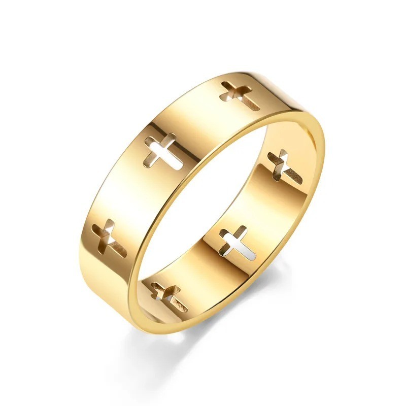 Stainless Steel Cross Hollow Ring Gold Color Cutout Band Wedding Style Rings