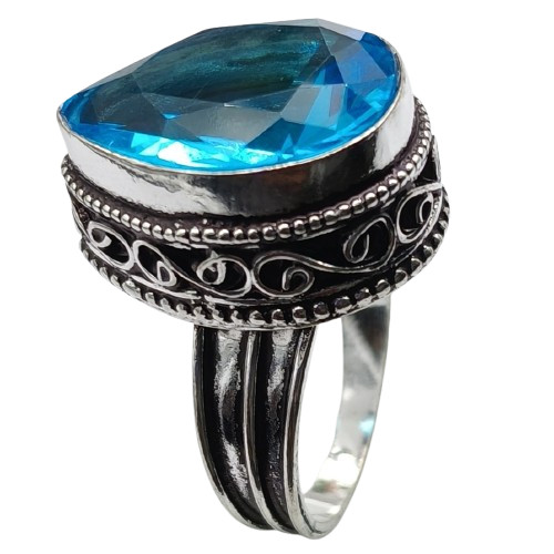 Blue Topaz Hydro Gemstone Antique Silver Plated Ring US Size-6.75 A 1311