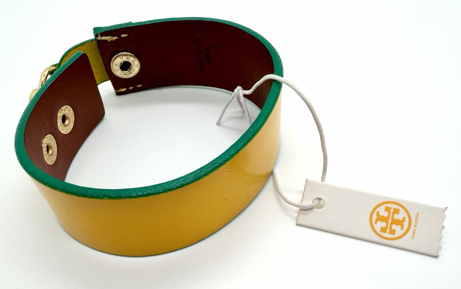 TORY BURCH Alden Cuff Patent leather Mustard Yellow Green Teal NWT