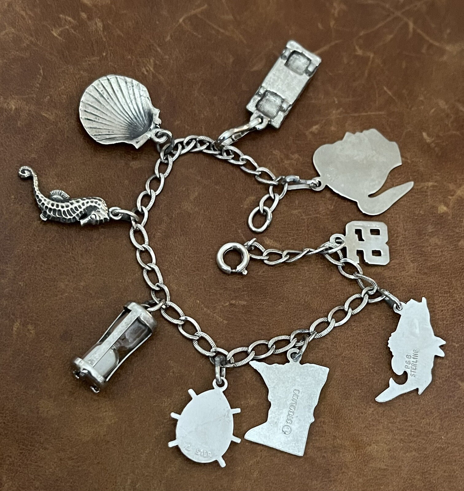 Vintage 9 Dangle Charms 925 Sterling Silver On Curb Link Chain Bracelet 7” In