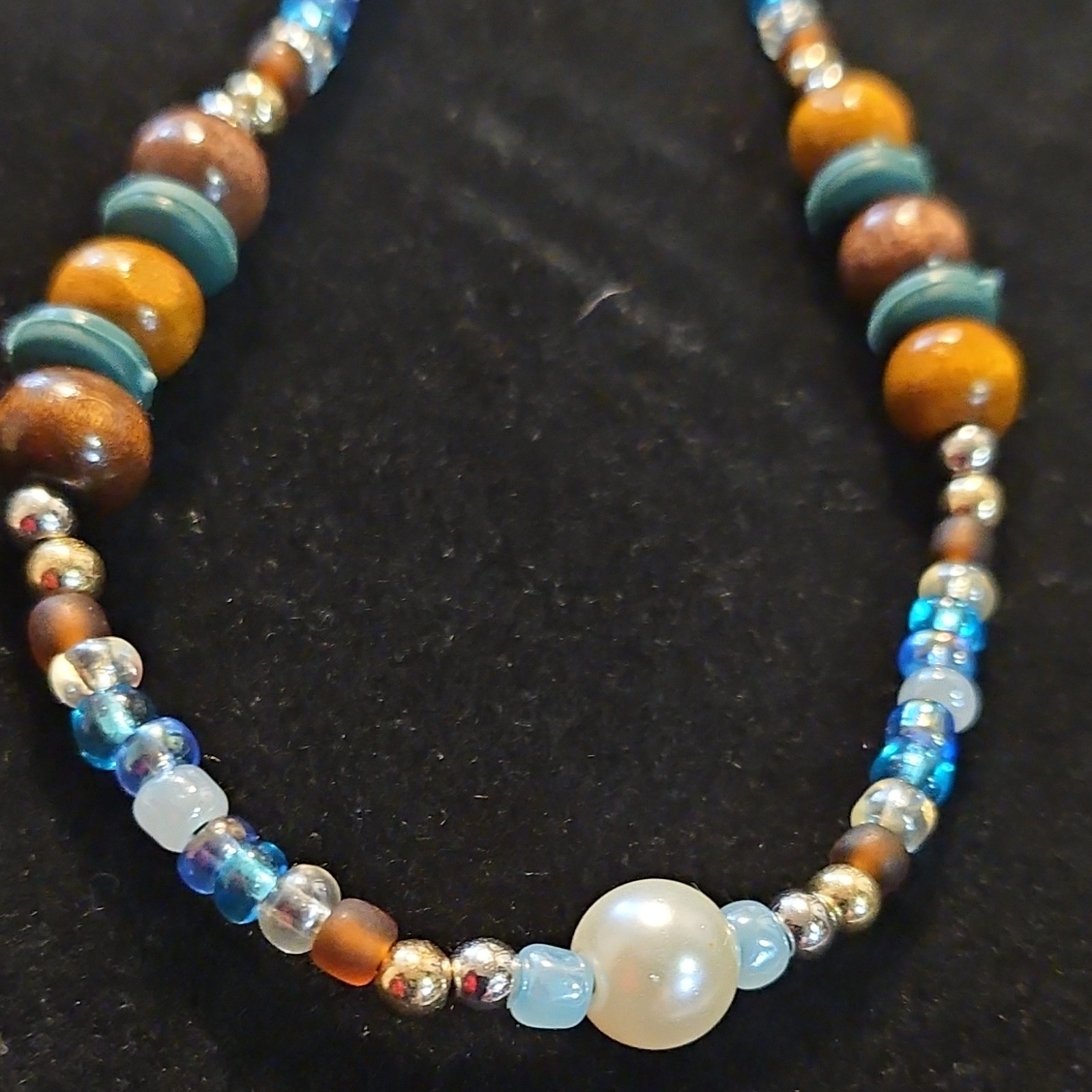 Beaded Necklace Pearl Glass Wood Blue Brown Yellow White Silver Lobster Clasp