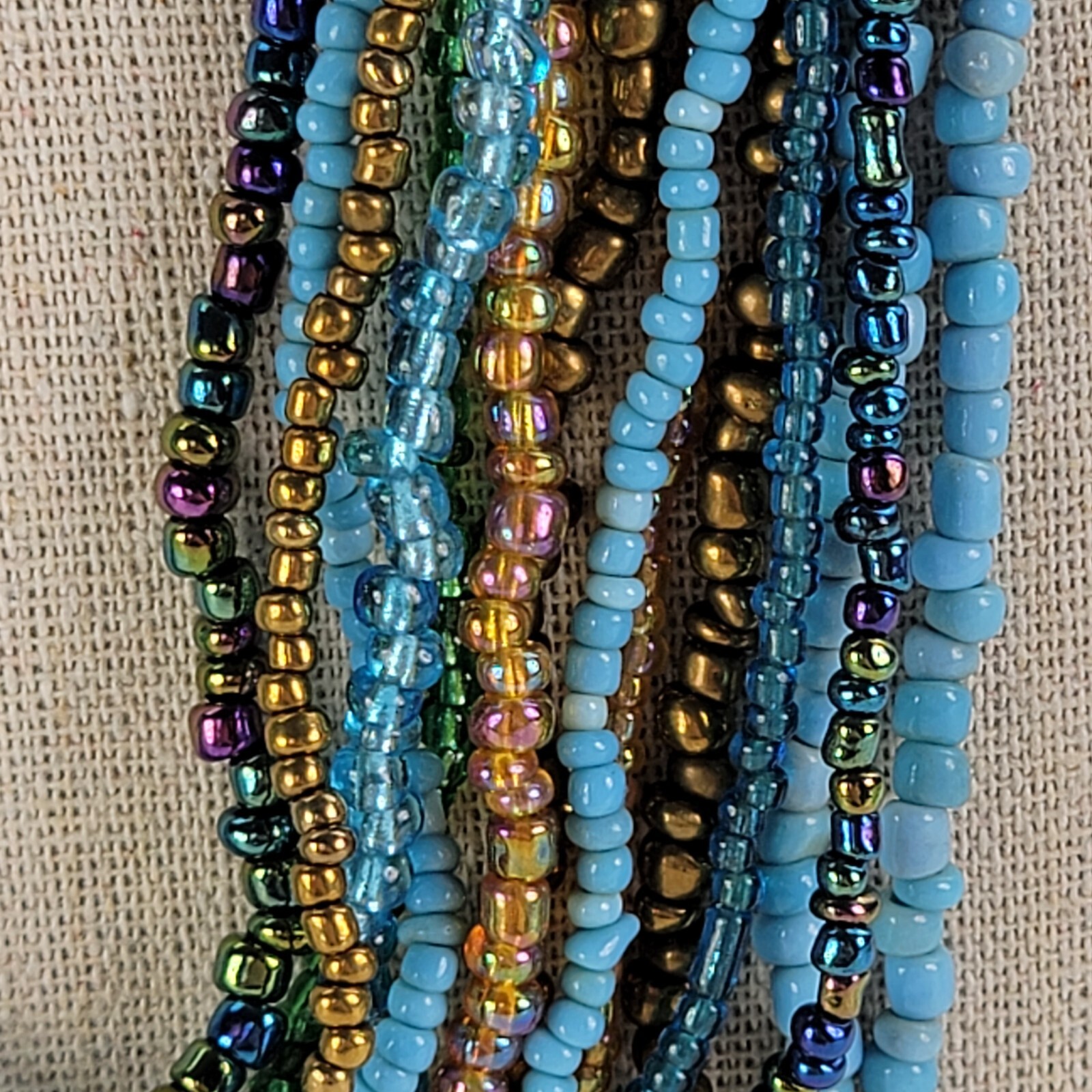 Vintage 14-Strand Multicolor Seed Bead Statement Necklace 20.5 in Wooden Clasp