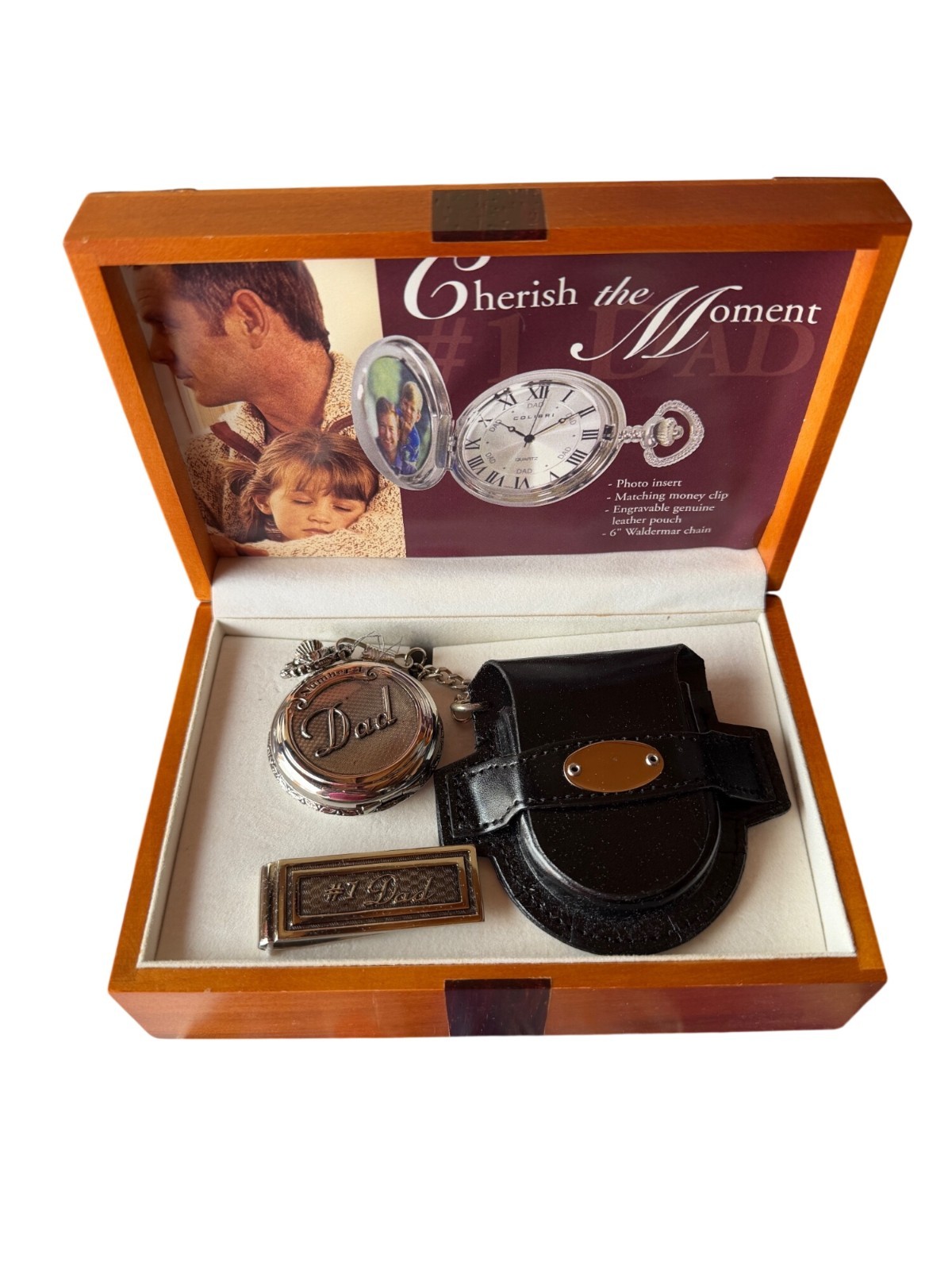 Colibri Dad Pocket Watch Gift Set With Money Clip & Leather Pouch In Wooden Box