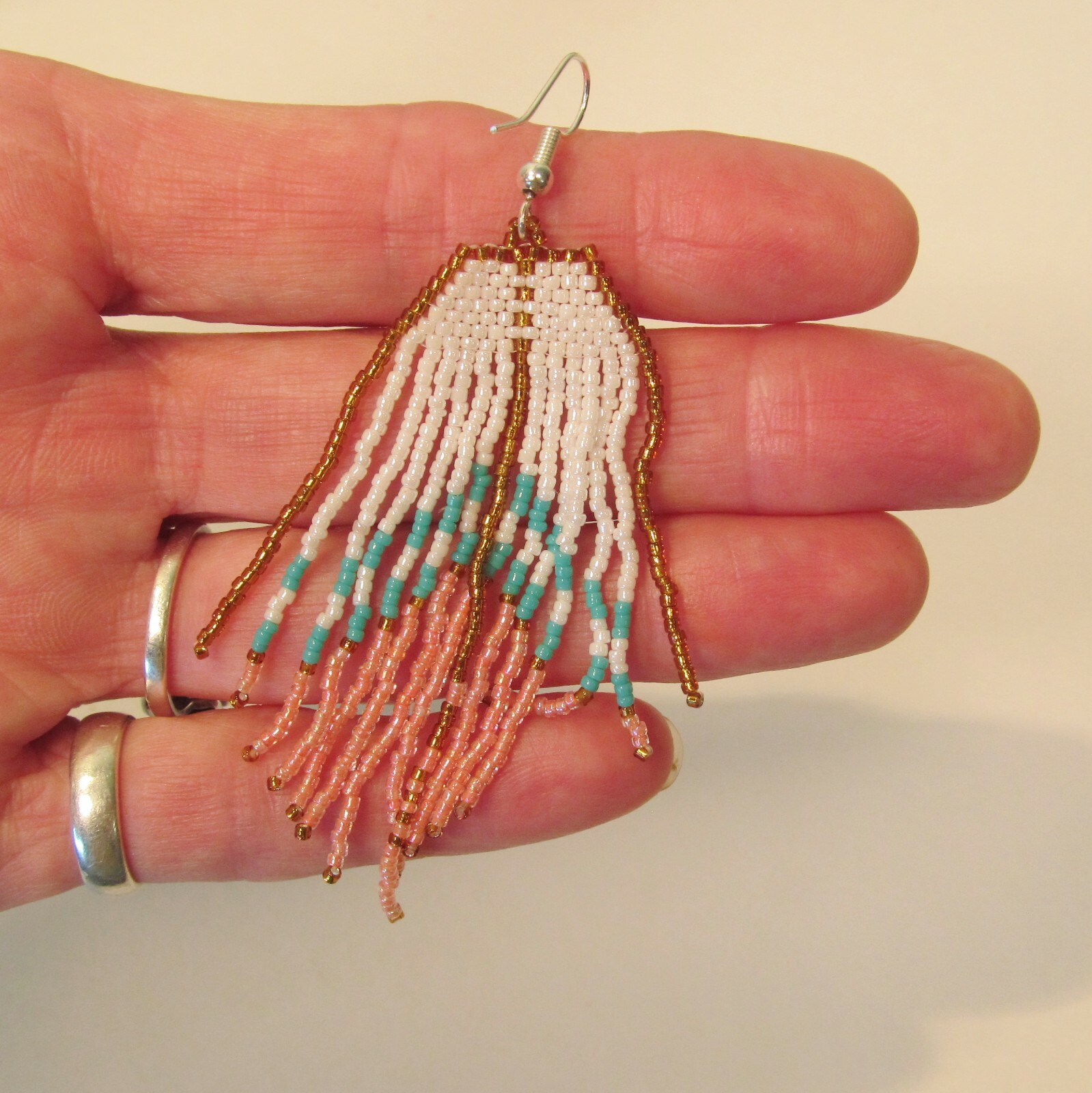 3″ LONG Handmade Coral Pink Aqua Color Chandelier Boho Dangle Seed Bead Earrings