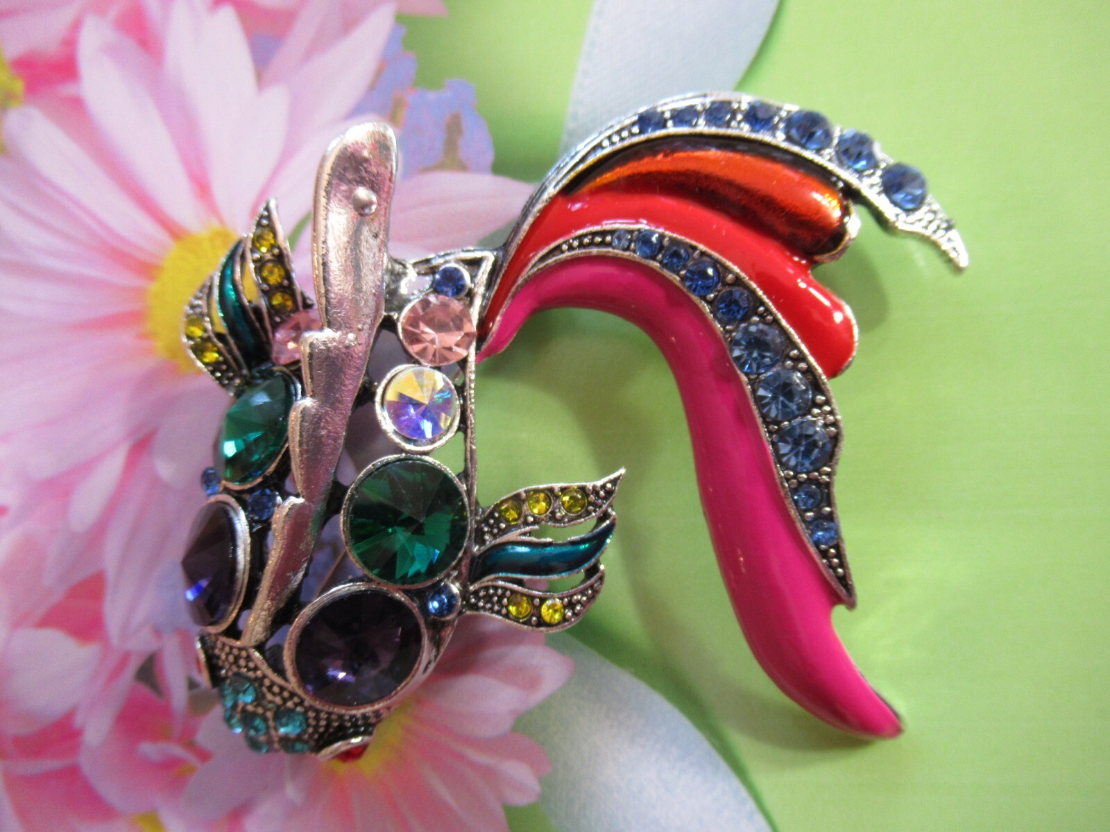 LARGE GOLD FISH ENAMEL MULTI-COLOR RHINESTONES & GEMSTONE BROOCH- YOU CHOOSE