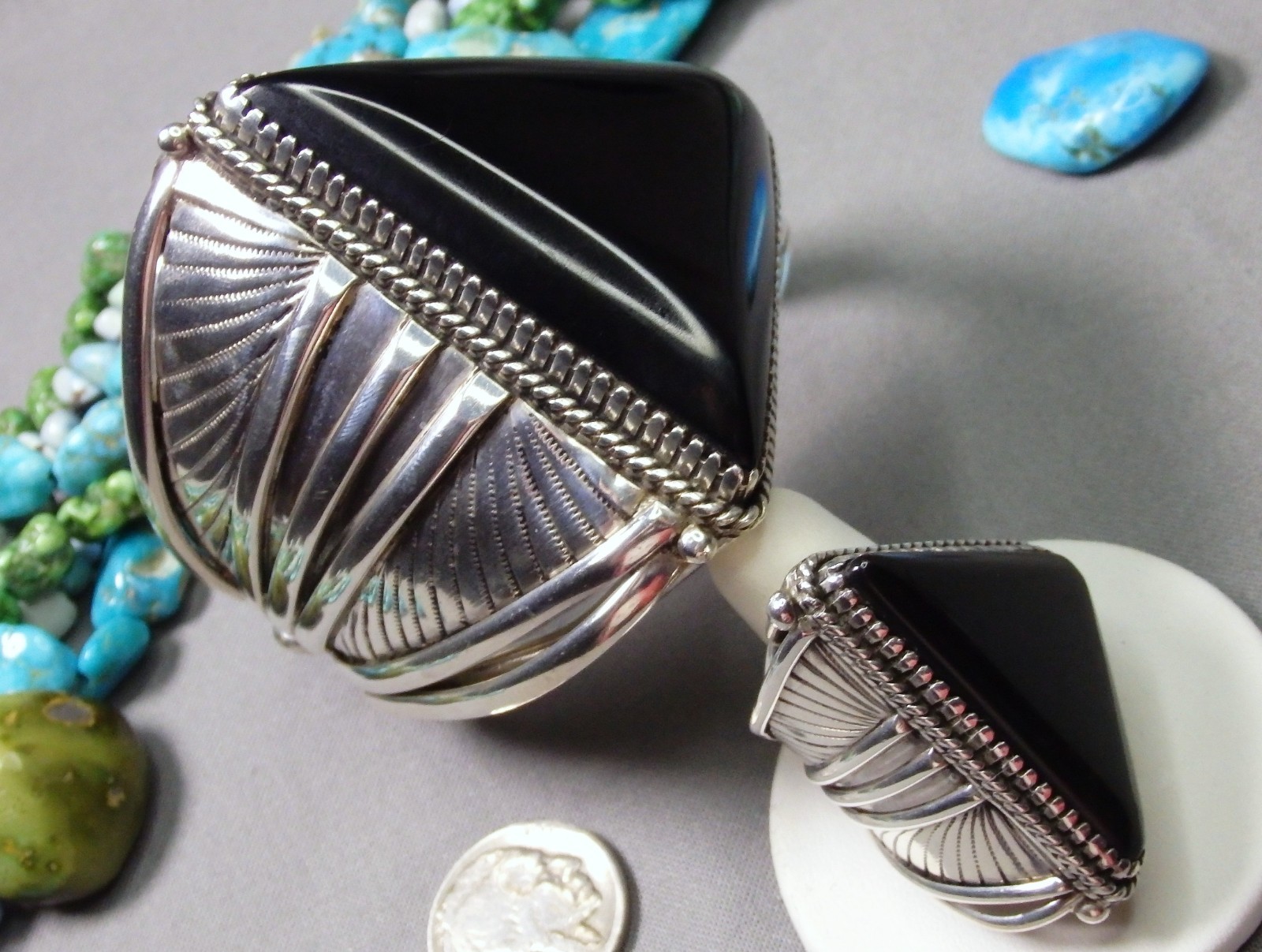 NAVAJO Yazzie Black ONYX Sterling Silver 114g 7″size Cuff & 36g Ring sz8.5 RARE