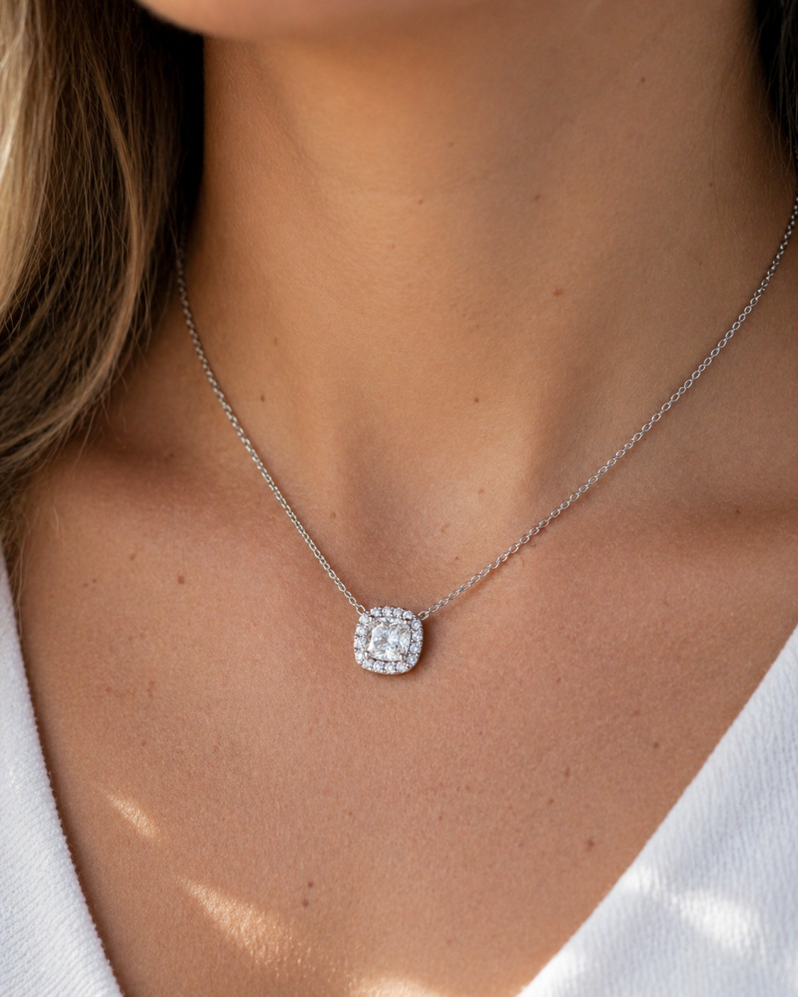 Natural Radiant Cut Diamond Halo Pendant 18KT White Gold