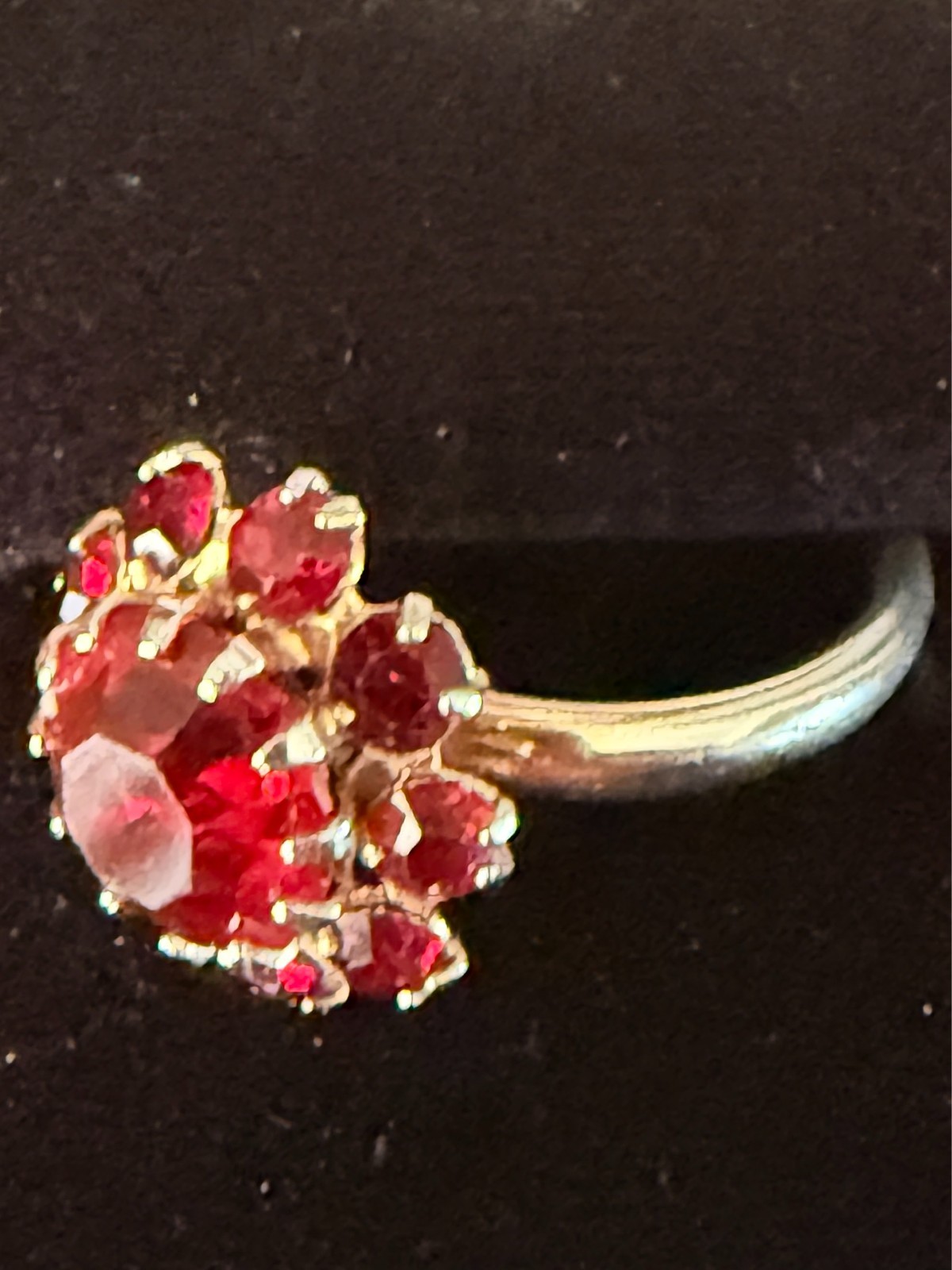 Deep Burgundy ring features a cluster of red rhinestones in a gold-tone setting.