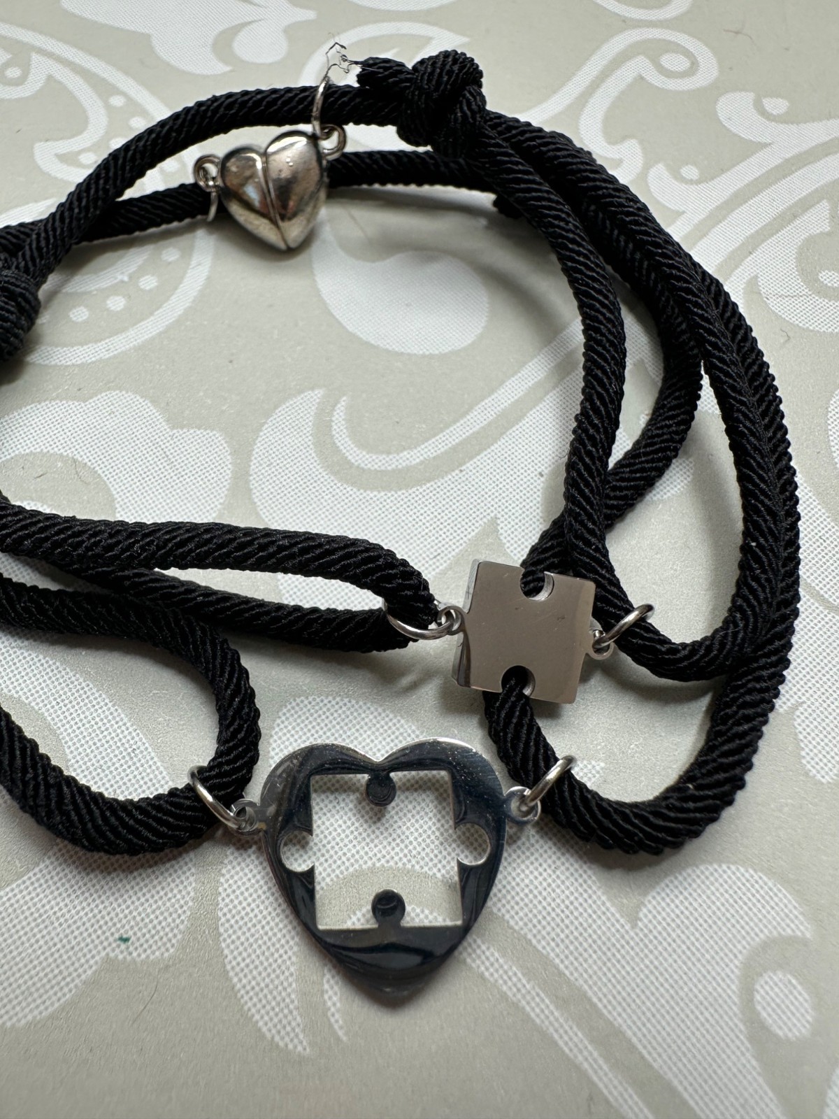 Double Strand Black Corded Silver Heart Puzzle Bracelet New in Box