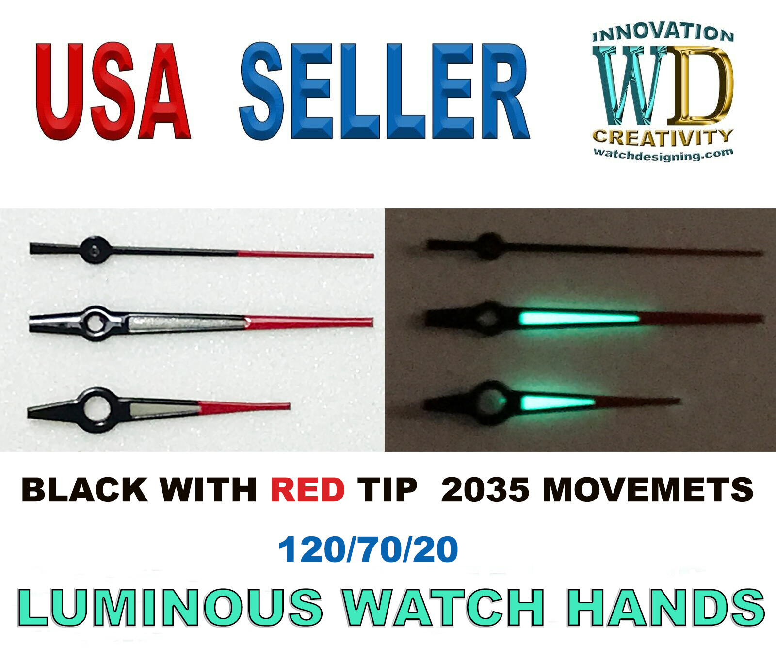 Watch Black RED hands Green LUME 2035 Movement Luminous parts replace 120/70/20