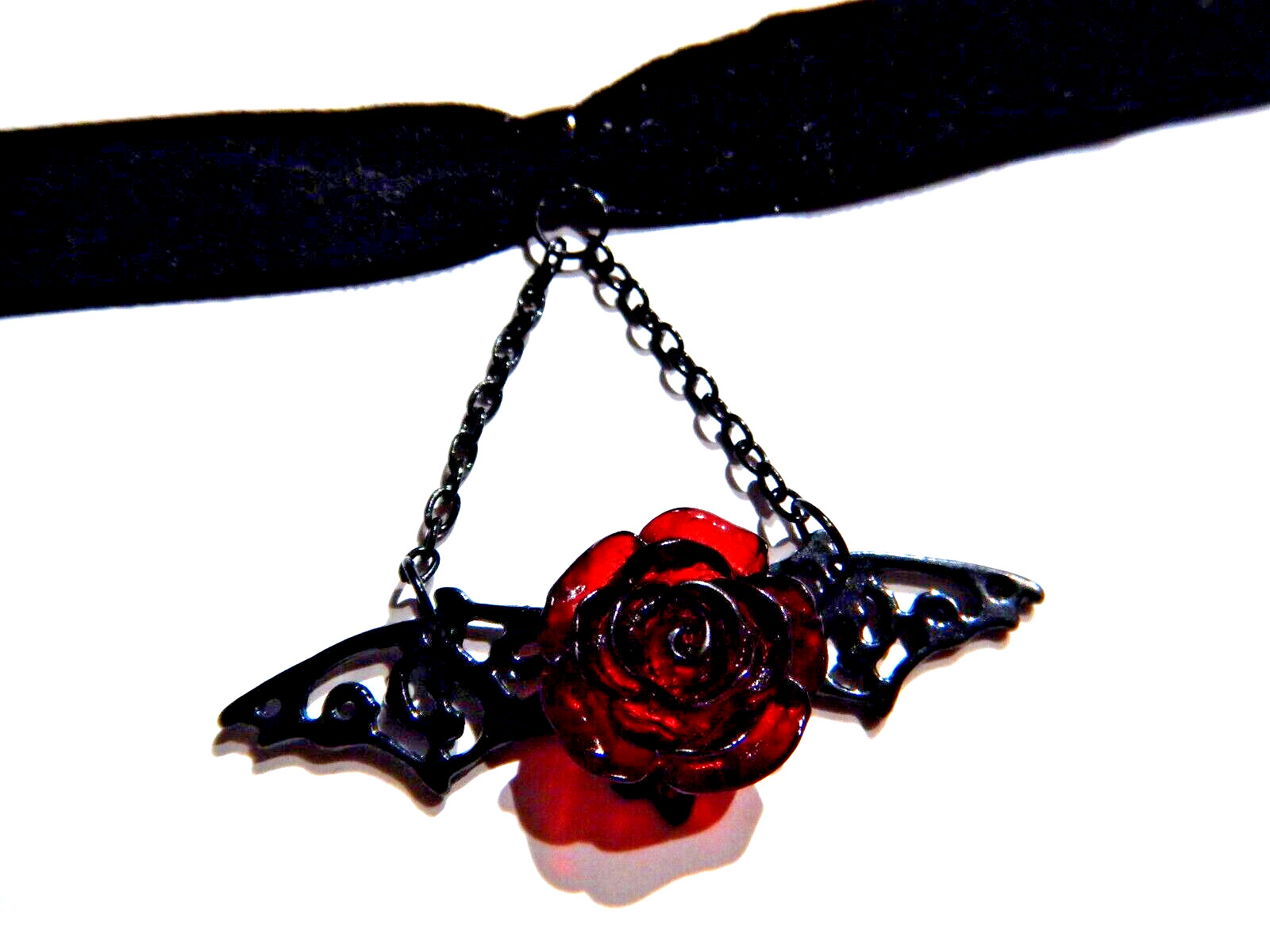 BLACK VELVET BAT WING & ROSE filigree Halloween gothic vampire necklace EGL 4E