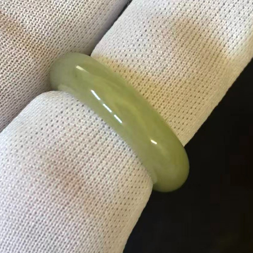 Natural Green Jade Ring Smooth Band, Width 6 mm, Size 7.75-8