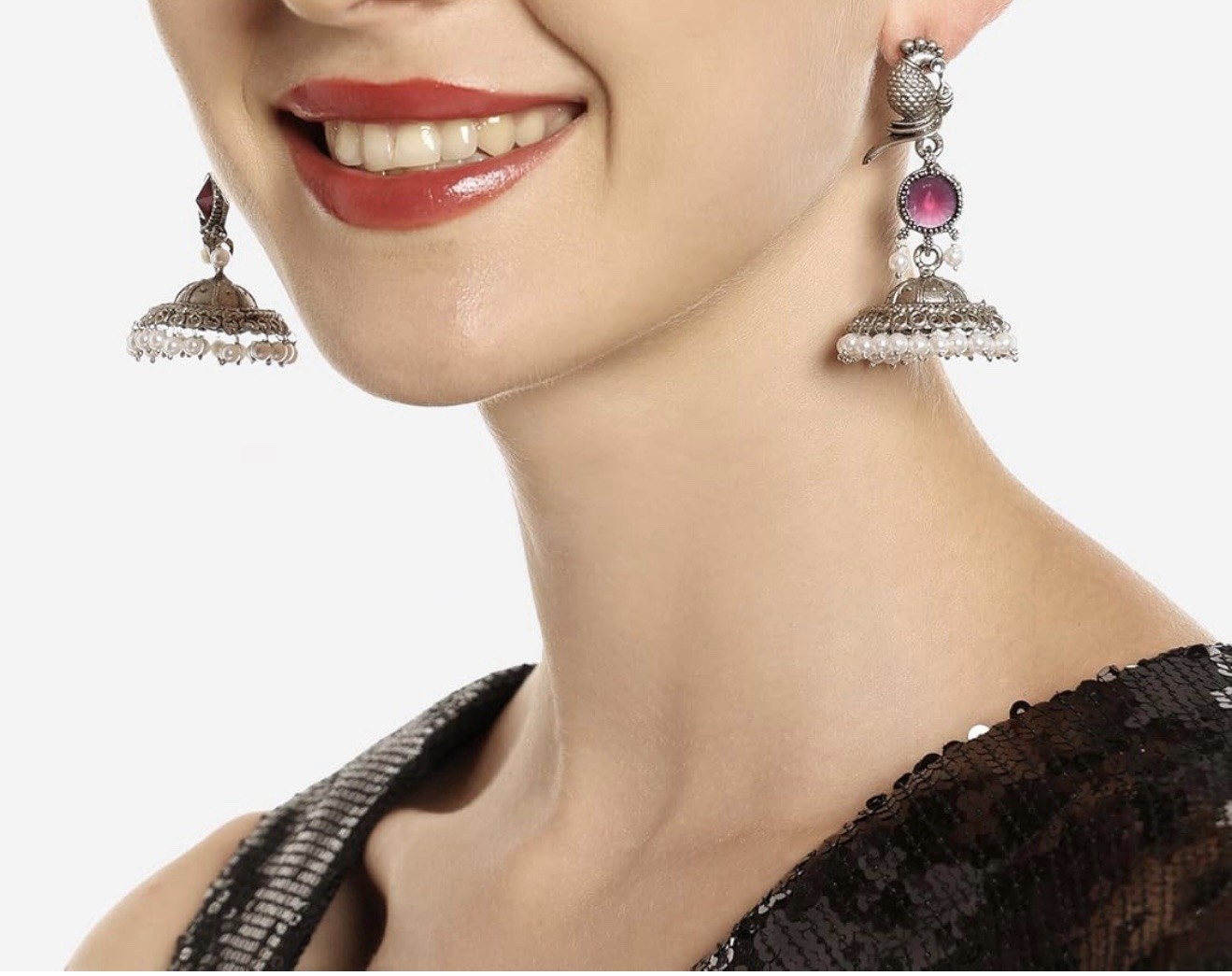 Ethnic Red Stone Dangle Drop Earrings Silver Tone Round Beads 6.6cm