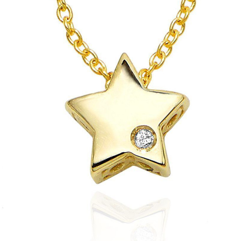 14K Gold Yellow .05Ct Real Diamond 6.5mm Star Charm Necklace 18″