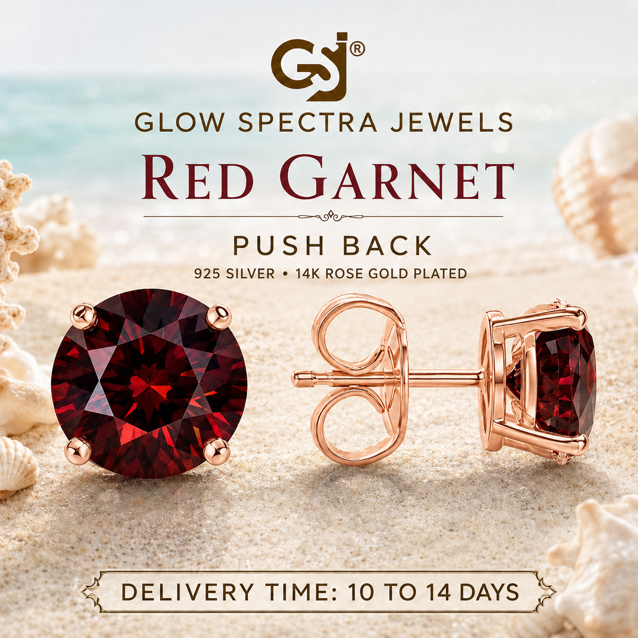 2.00CT Solitaire Red Garnet Stud Erring 925 Silver 14k Rose Gold Plated