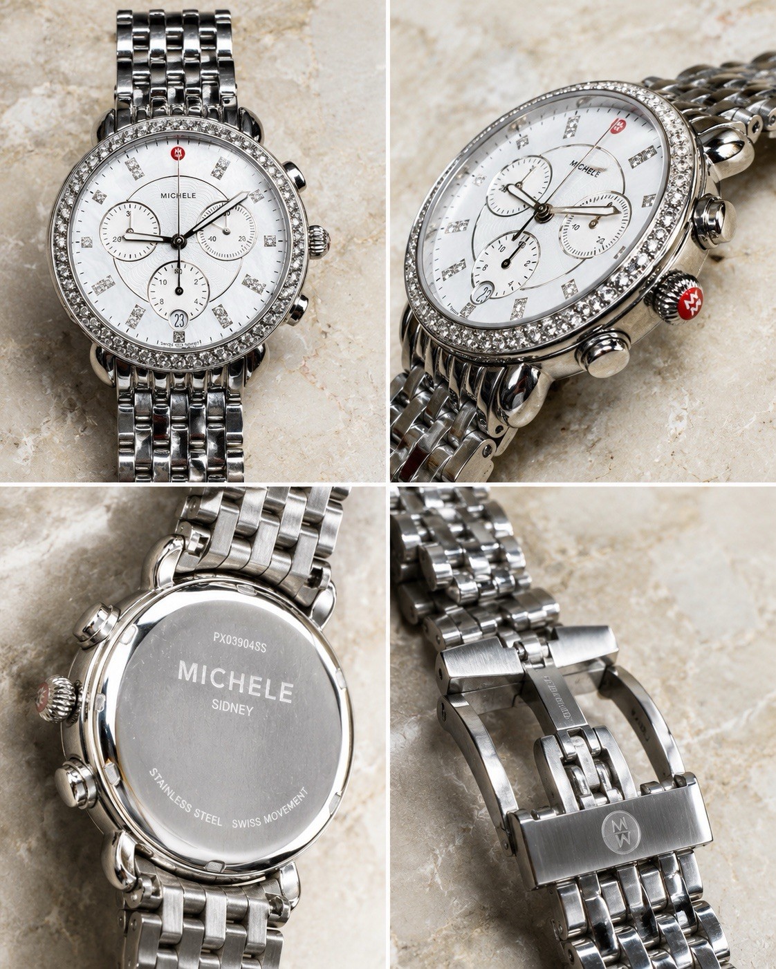 MICHELE Sidney Women’s Silver Stainless Steel Quartz Chronograph Date Diamond