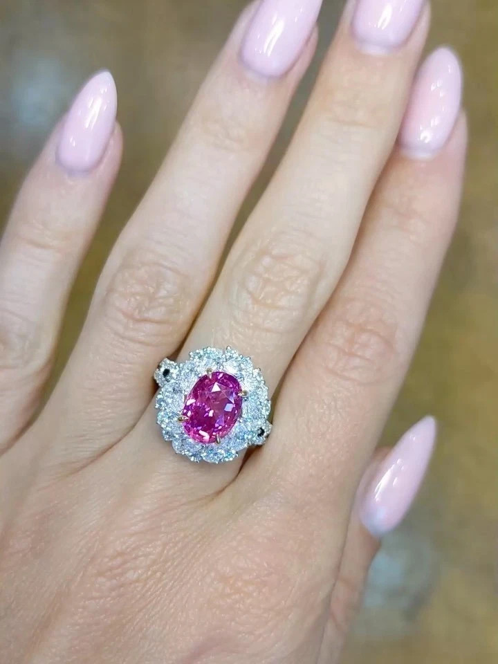 4.80ct Oval Natural Pink Sapphire & Diamond Engagement Ring 18K Solid White Gold