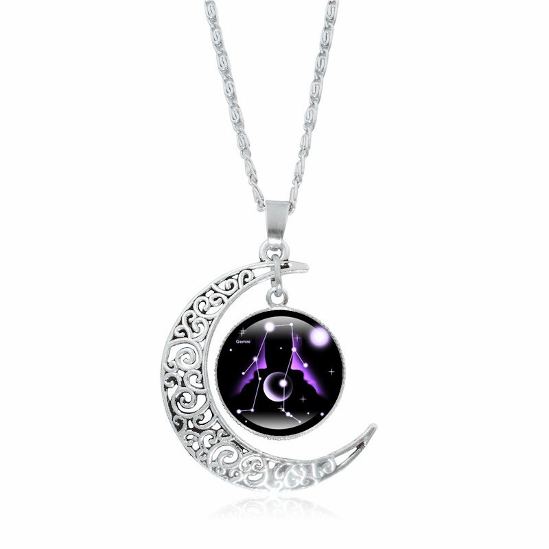 Moon Shaped Zodiac Sign Necklace Horoscope Astrological Pendant with 17″ Chain