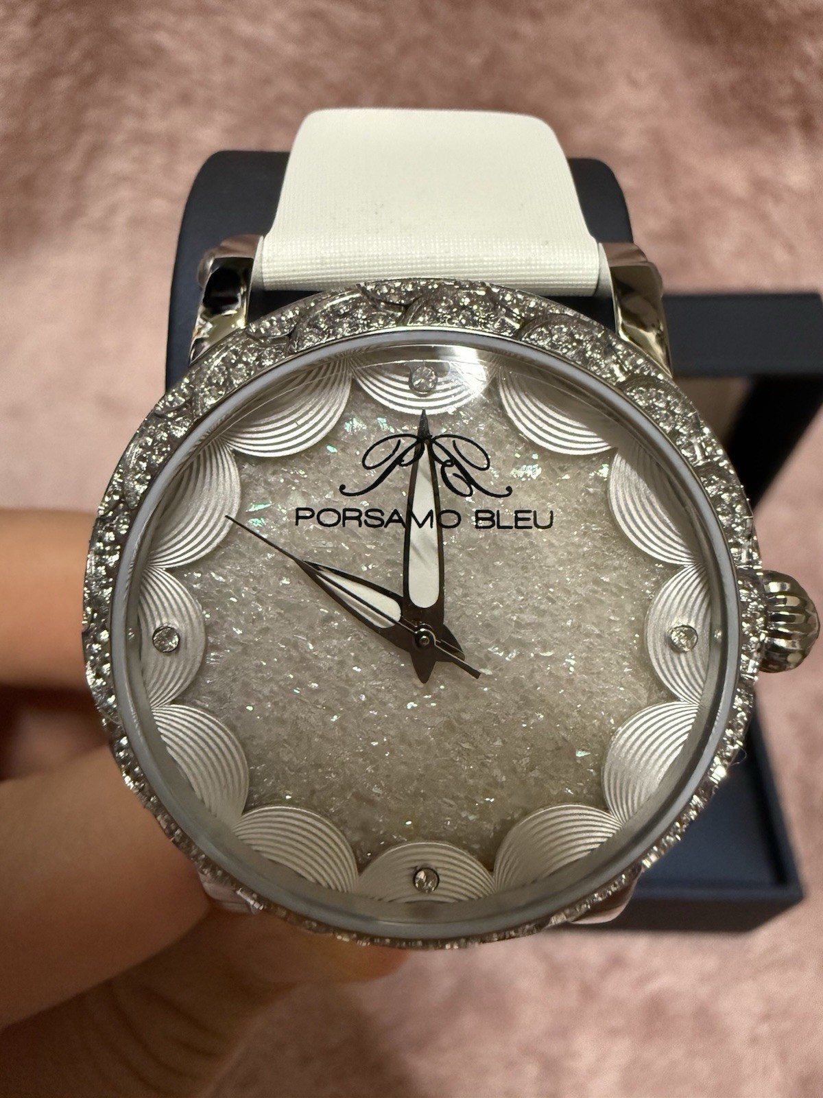 Porsamo Bleu Genevieve Luxury Topaz Women’s Satin Leather Watch, Silver, White