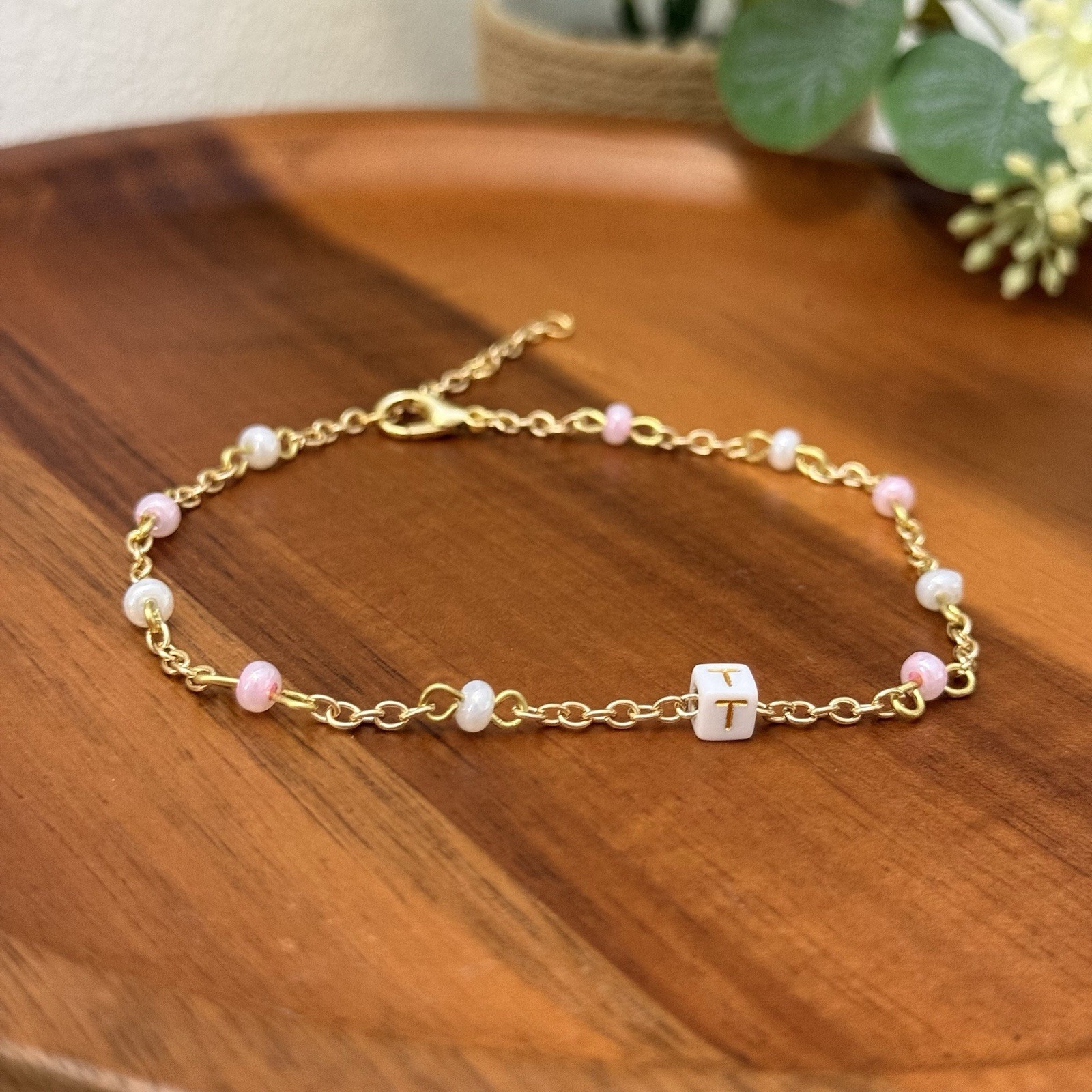 Personalized Beaded Anklet Custom Initial Pastel Dainty Handmade Jewelry