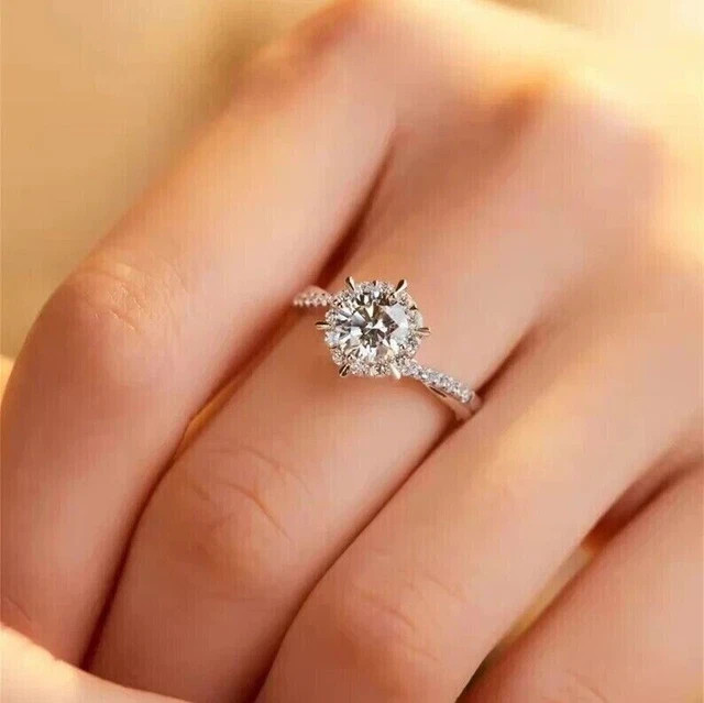 Real Moissanite 3.00Ct Round Cut Engagement Wedding Ring 14K White Gold Plated