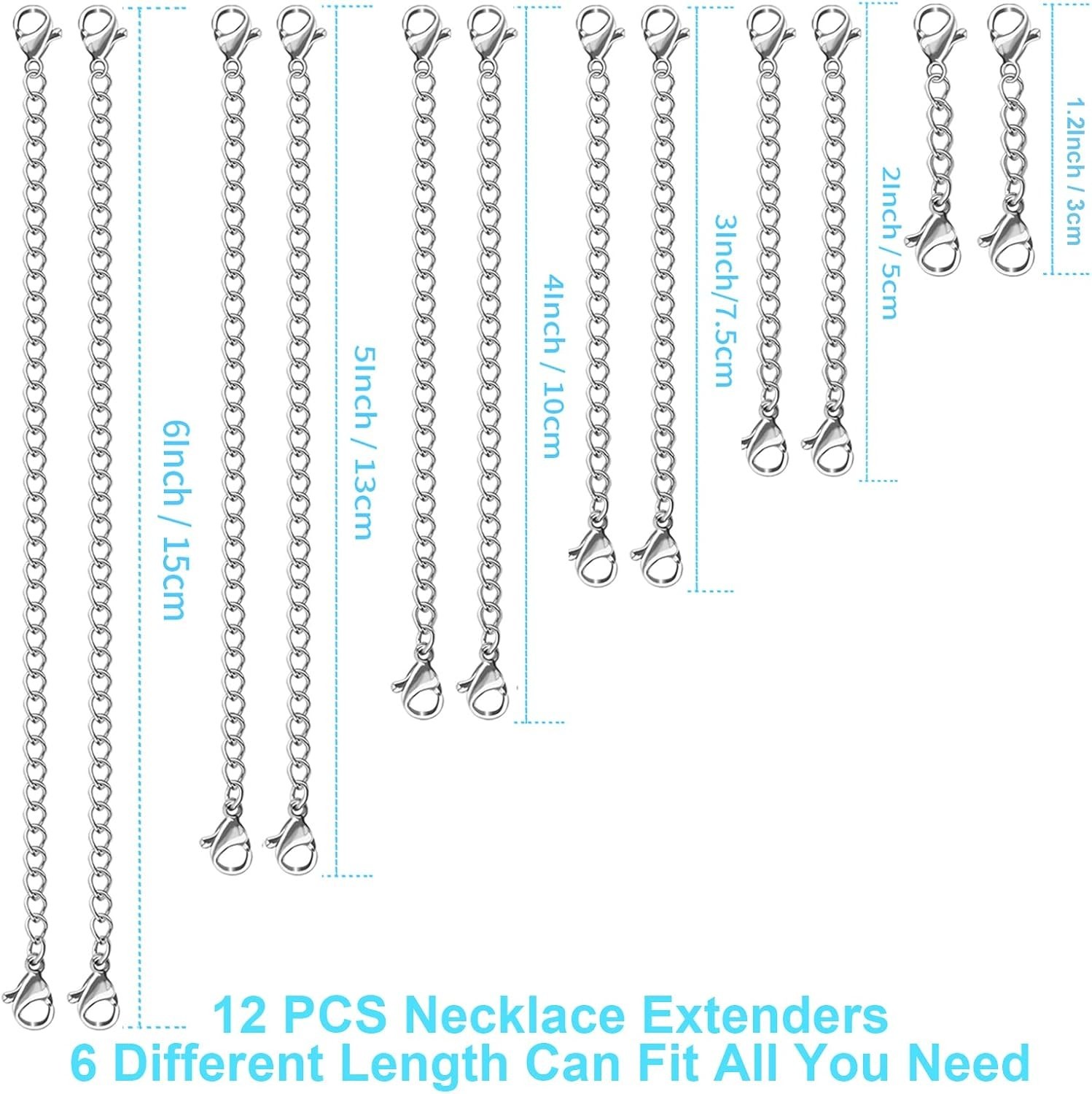 12-Piece Stainless Steel Necklace Extenders – Multiple Lengths, Silver