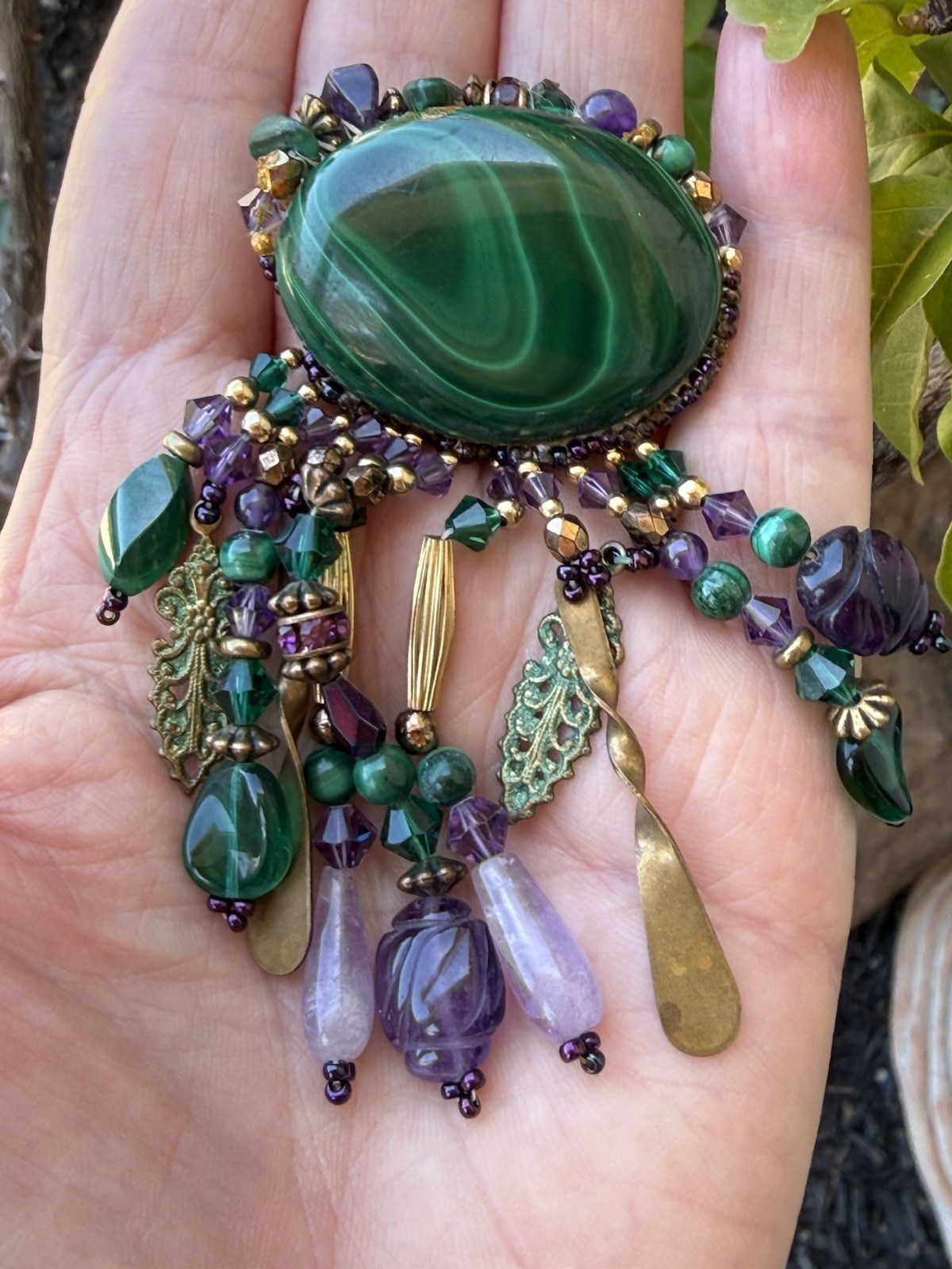 VTG Boutique Artisan Fringe Malachite & Amethyst Gem Dangles Crystal Pin Brooch