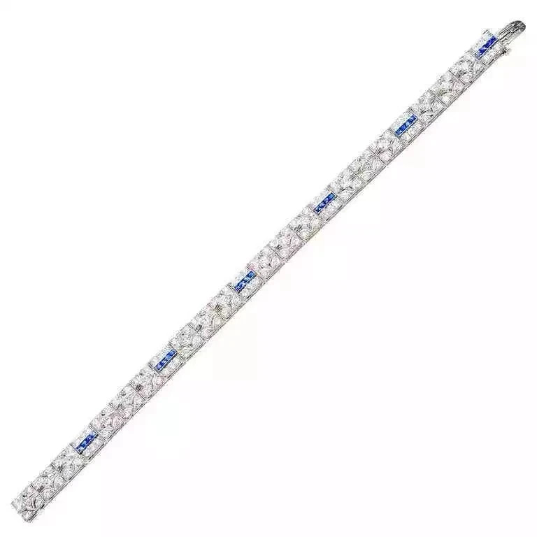 Vintage Art deco style 5.67 CT Lab-created sapphire & Diamond Bracelet in Silver