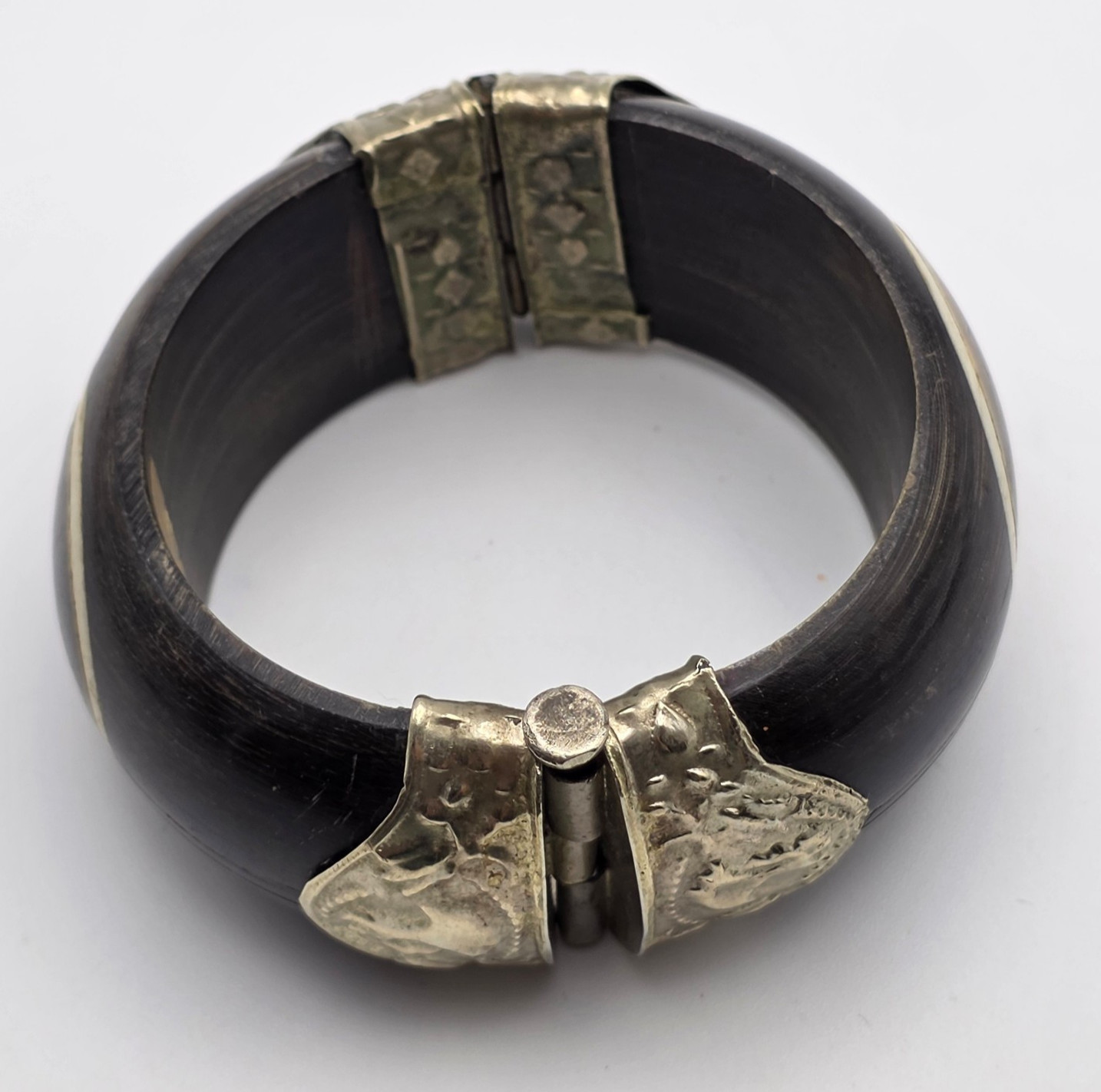 Black Horn Bone Inlay Brass Hinged Pin Clasp Wide Bangle Bracelet India Vintage