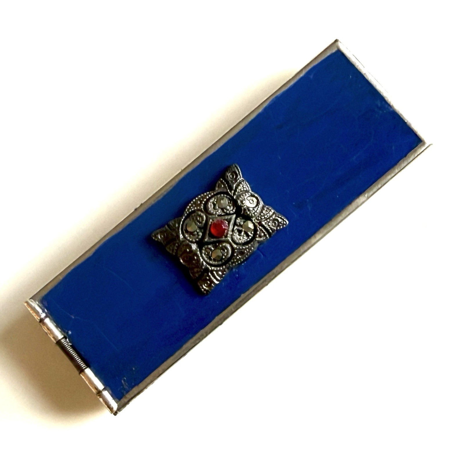 Art Deco Changette Brooch To Hold Dimes Silver Tone Blue Enamel Marcasites