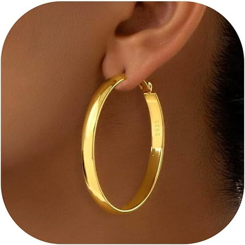 5Mm Wide Gold Hoop Earrings for Women, 14K Gold Plated Big Chunky Hoop Earrings