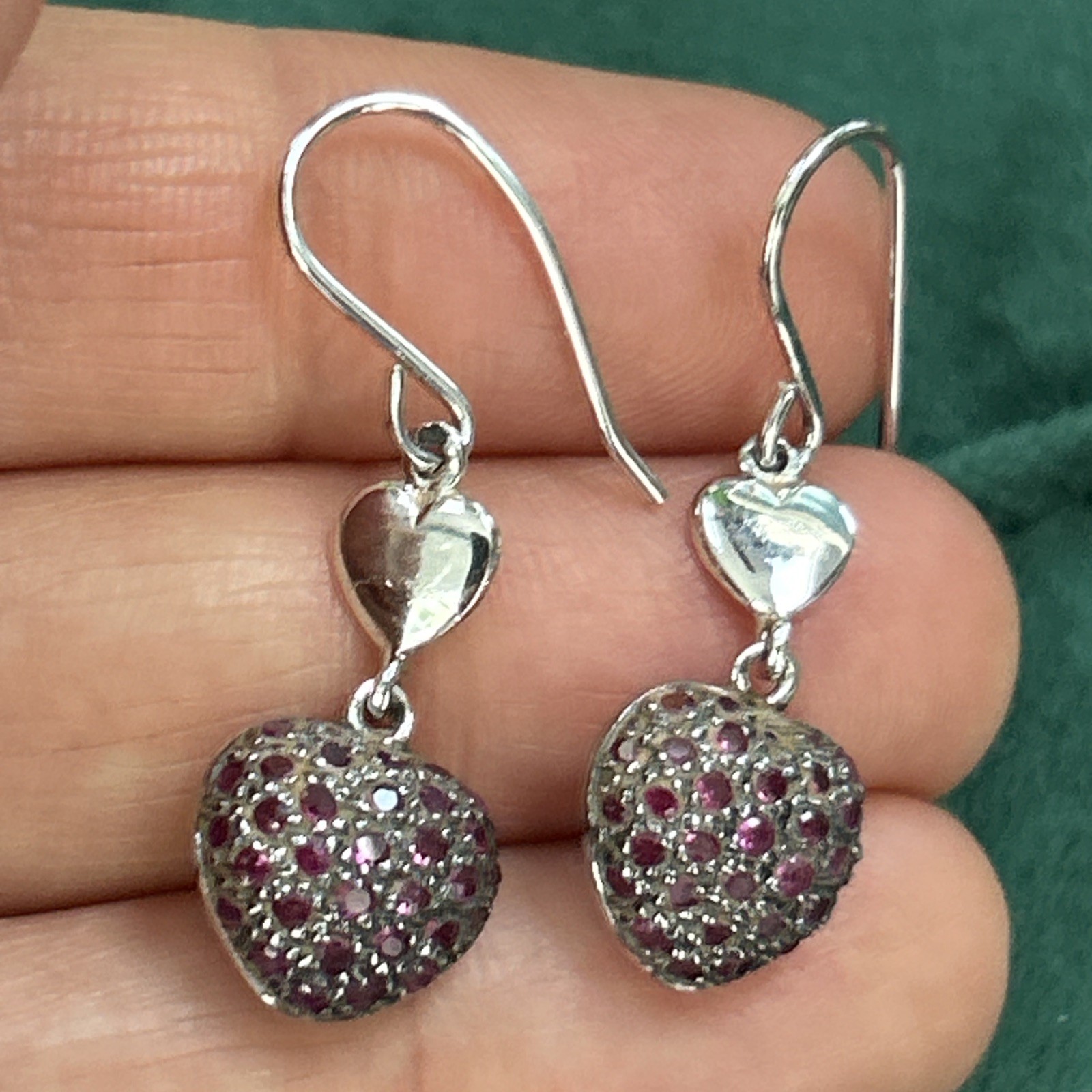 VTG OTC 925 Sterling Silver lab created Ruby Puffy Heart Pave Earrings 1.25” 4g