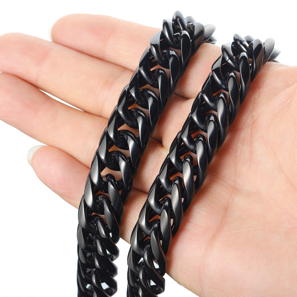 11mm/13mm Women Men’s Black Stainless Steel Cuban Link Chain Necklace 16-40inch