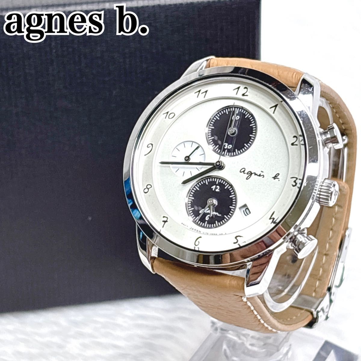 agnes b. SAM Solar Chronograph White Dial Men Leather Watch V172-0AW0