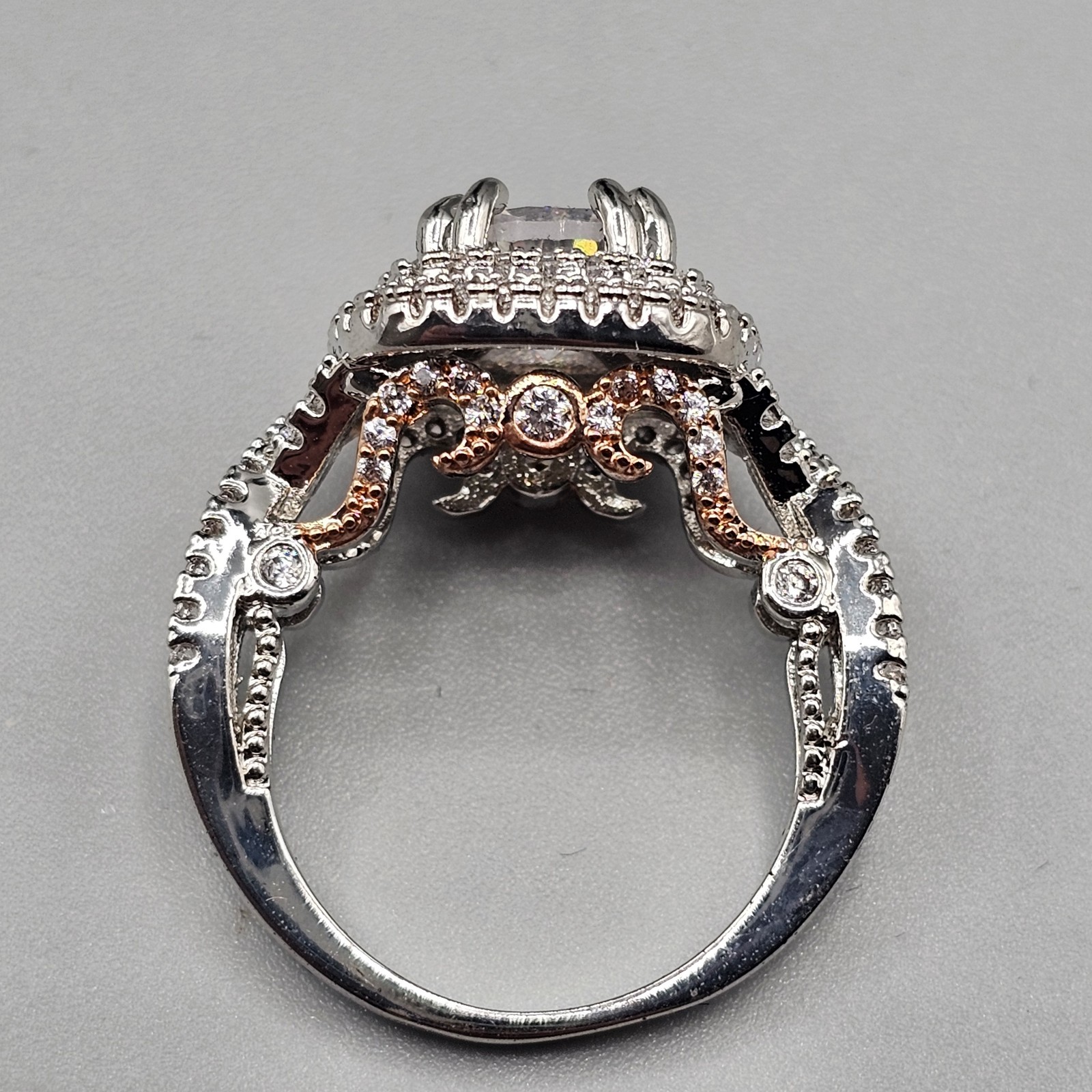 CZ Engagement Cocktail Ring Two Tone Double Halo Open Work Band Size 6.75