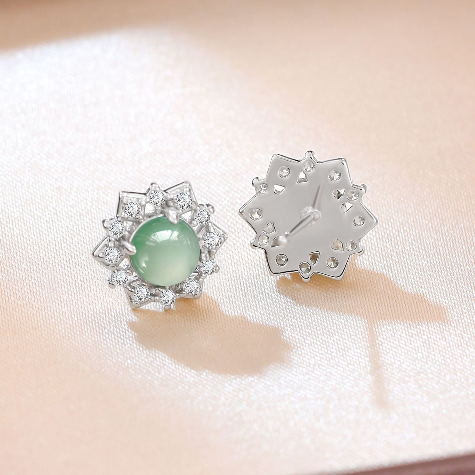 Natural Jadeite Jade Crystal Stud Earrings Gemstone 18K White Gold Plated