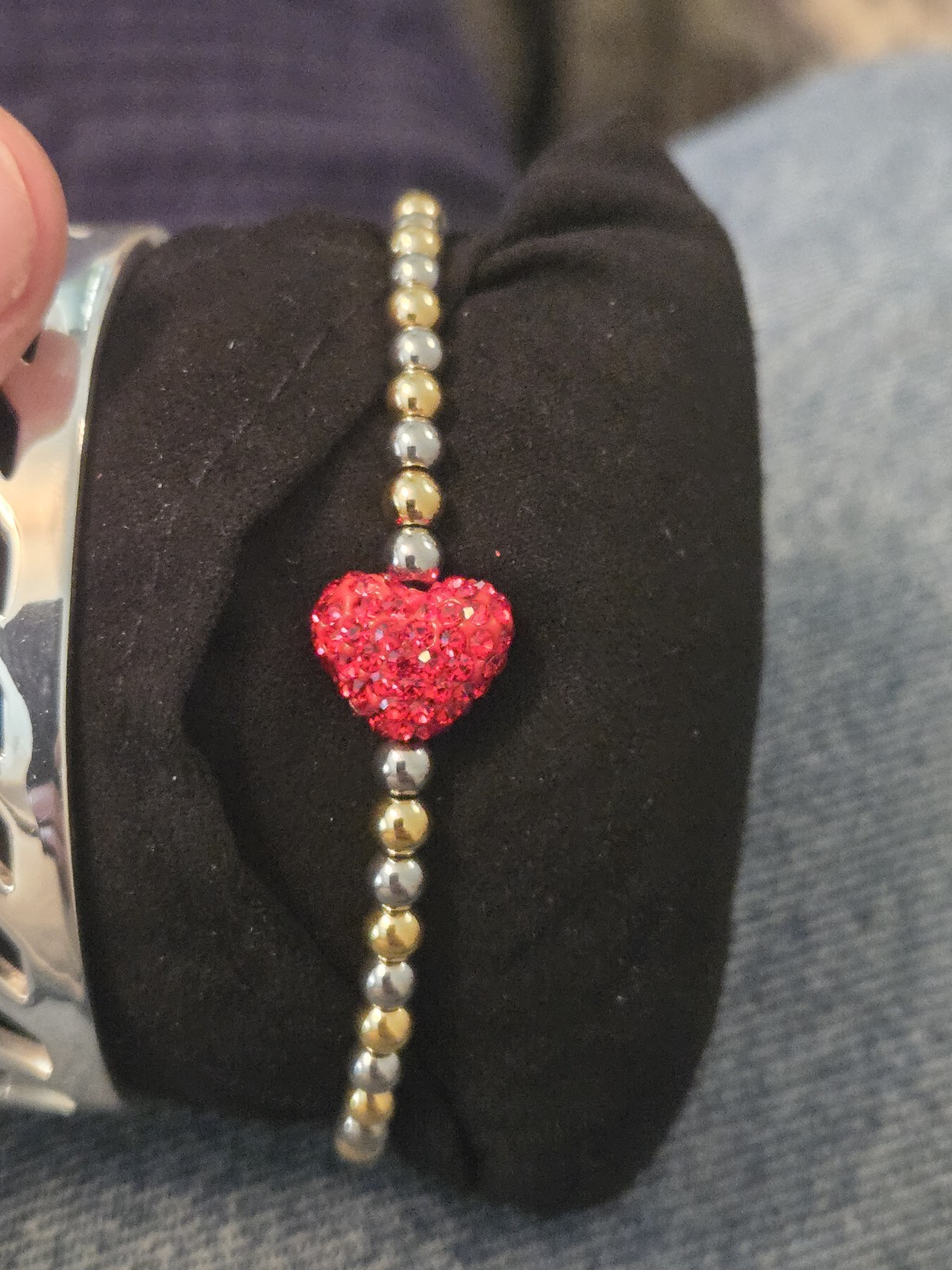 Rustic Cuff Silver Chevron Cutout & Red Pavé Heart Beaded Bracelet Stack with…
