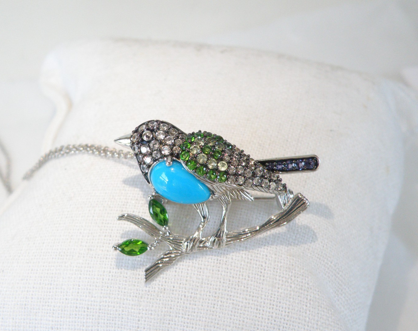 Victoria Wieck Sterling Silver 925 Turquoise Gemstone Bird Brooch Slide Necklace