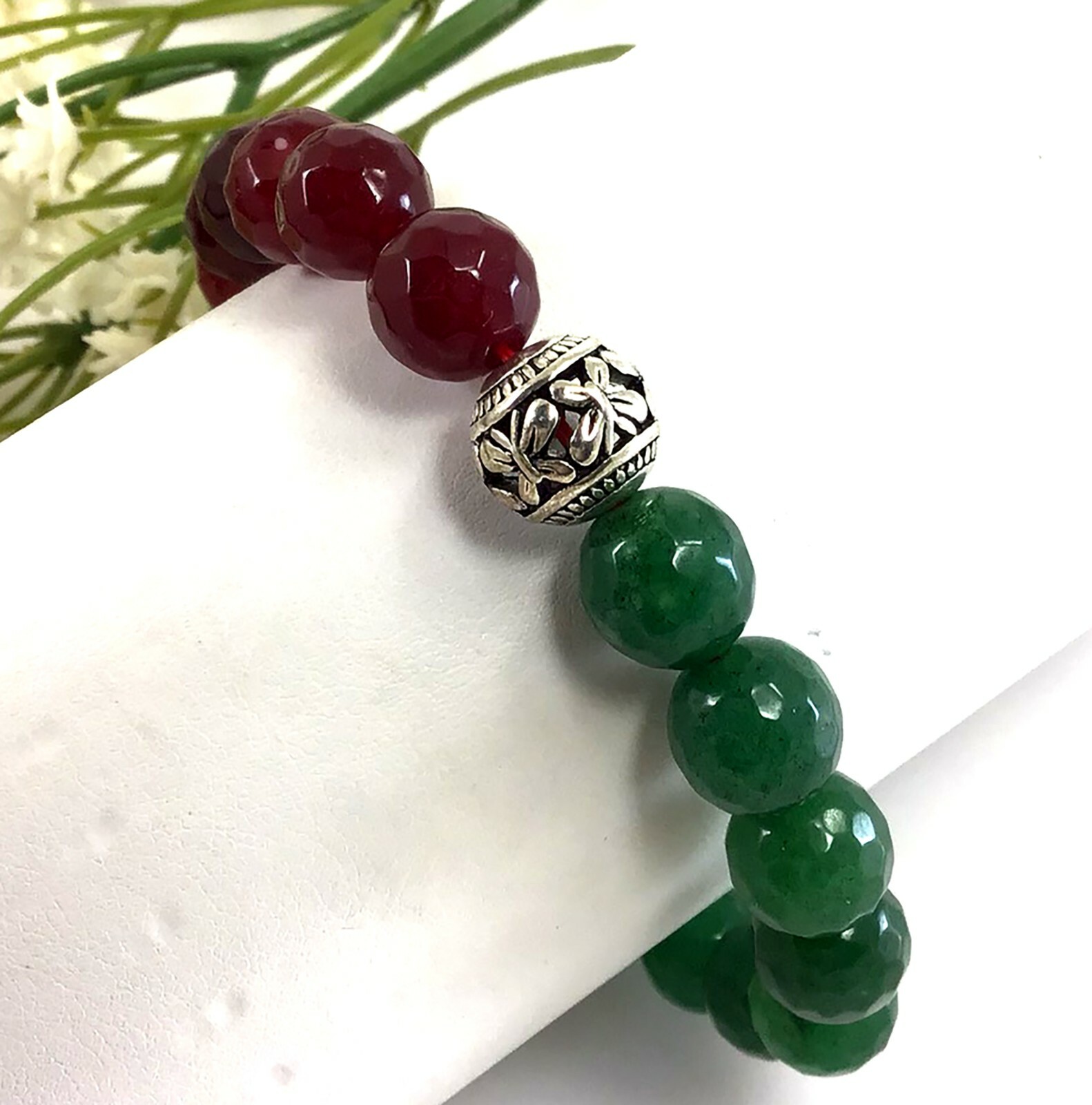 Jade Bracelet, Green and Red Jade Bracelet, healing gemstone stretchy for women