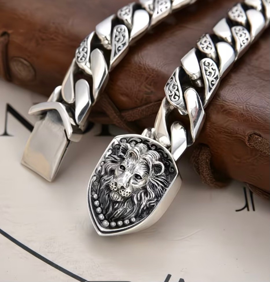 Men’s Lion Bracelet Cuban Chain Style S925 8.7″