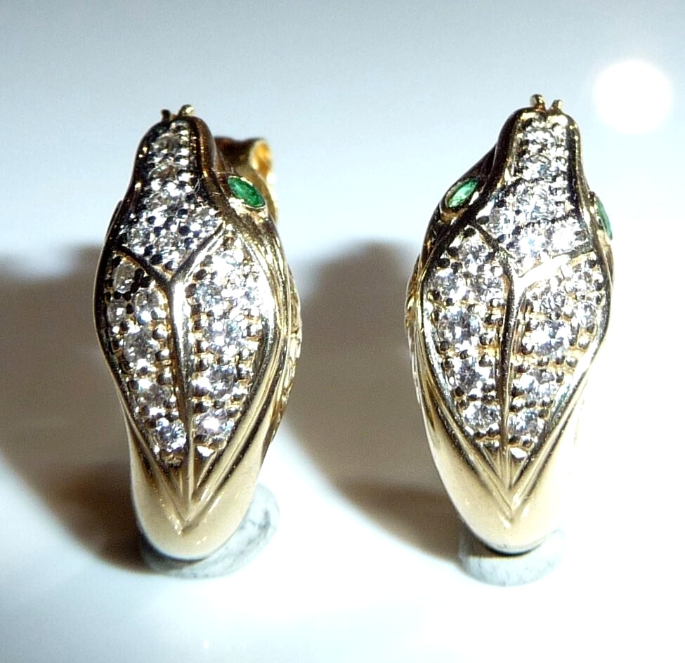 Snake 585 Gold Stud Earrings 0.46ct. Diamond Emeralds 4.2g