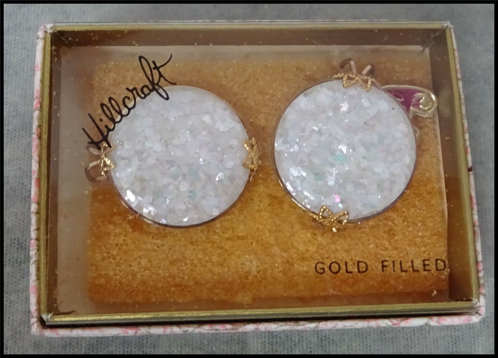 Large Round Vintage Opal Flecks l HILLCRAFT Slide On Earrings In Original Box