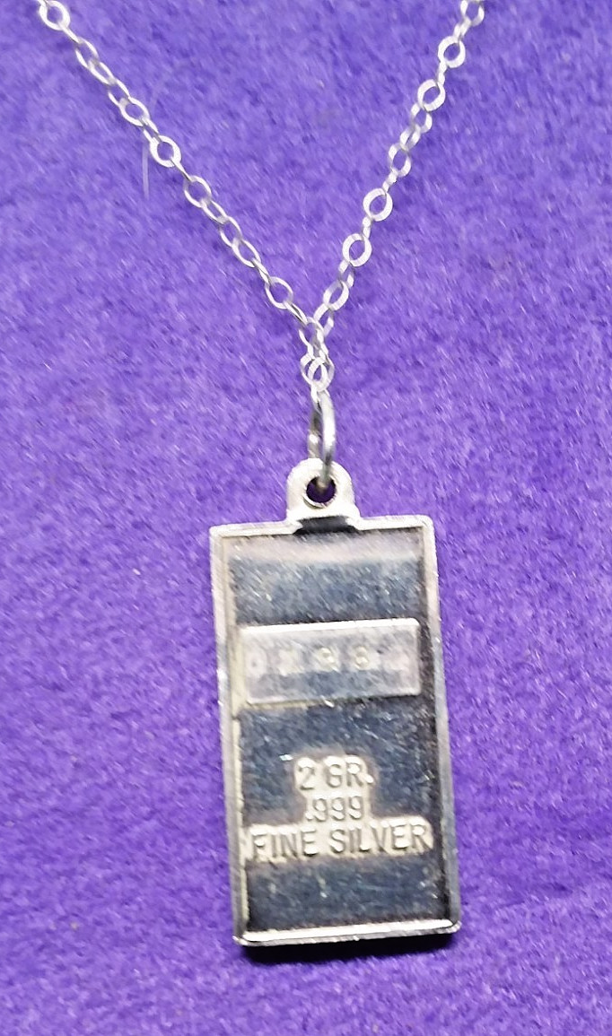 John F. Kennedy Profile .999 Fine Silver 2 Gram Bar Pendant, 18″ Sterling Chain